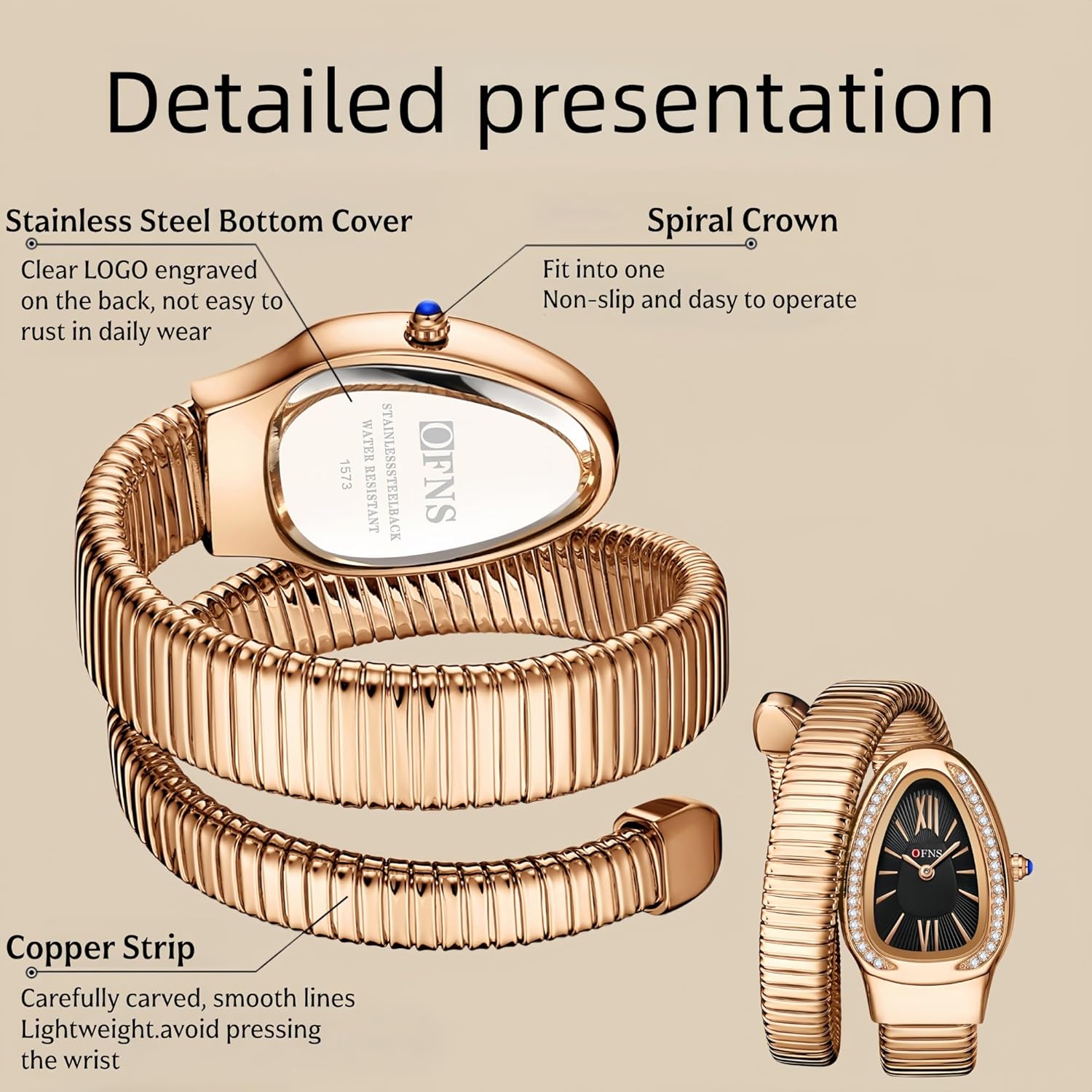 OFNS Snake Watches for Women Luxury Women's Snake Shape Bangle Watch Diamond Quartz Wristwatch Ladies with Roman Numerals Dial - Image 6