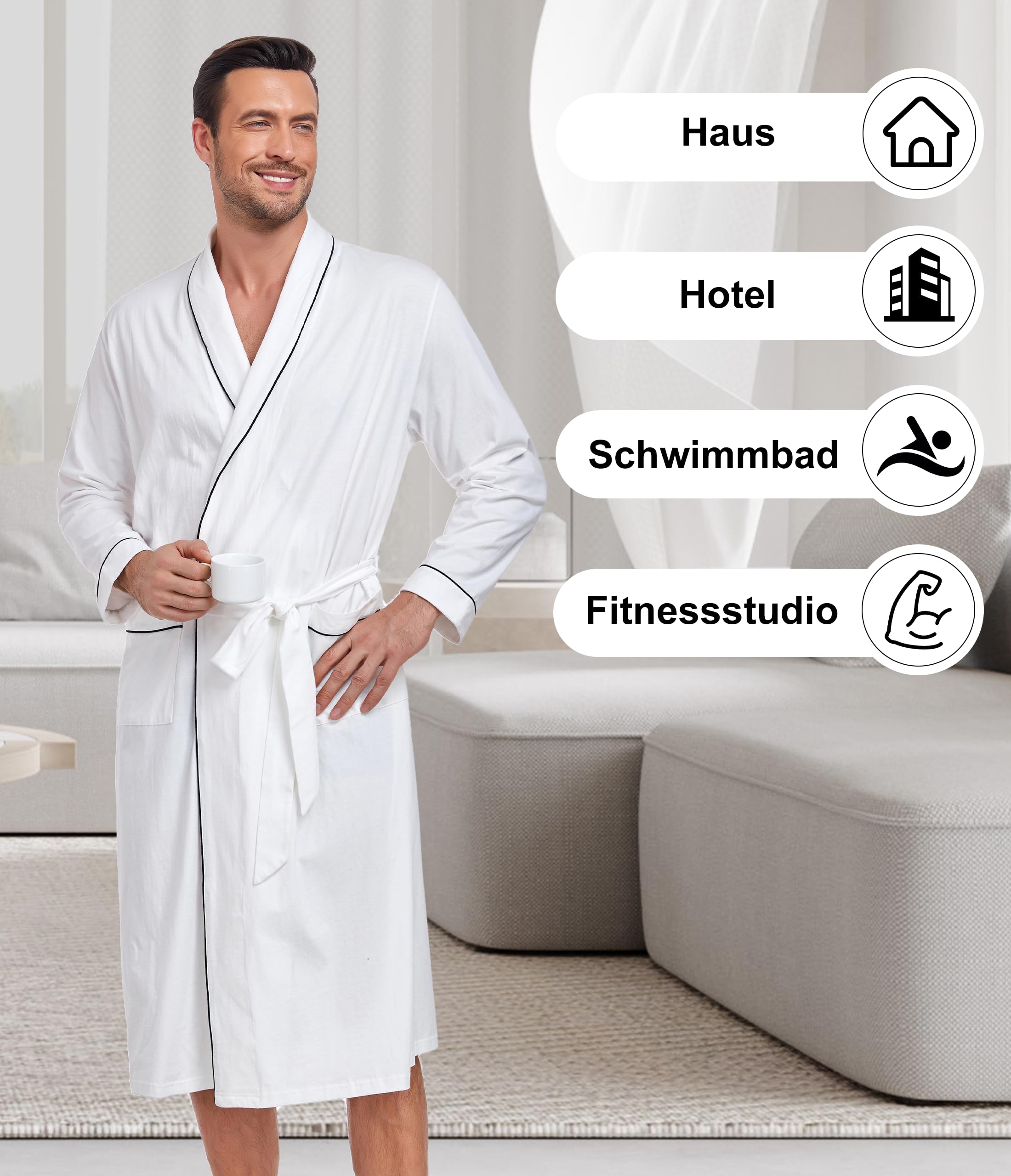 COLORFULLEAF Bademantel Herren Leicht 100% Baumwolle Morgenmantel Männern Reisebademantel Saunamantel mit Tasche