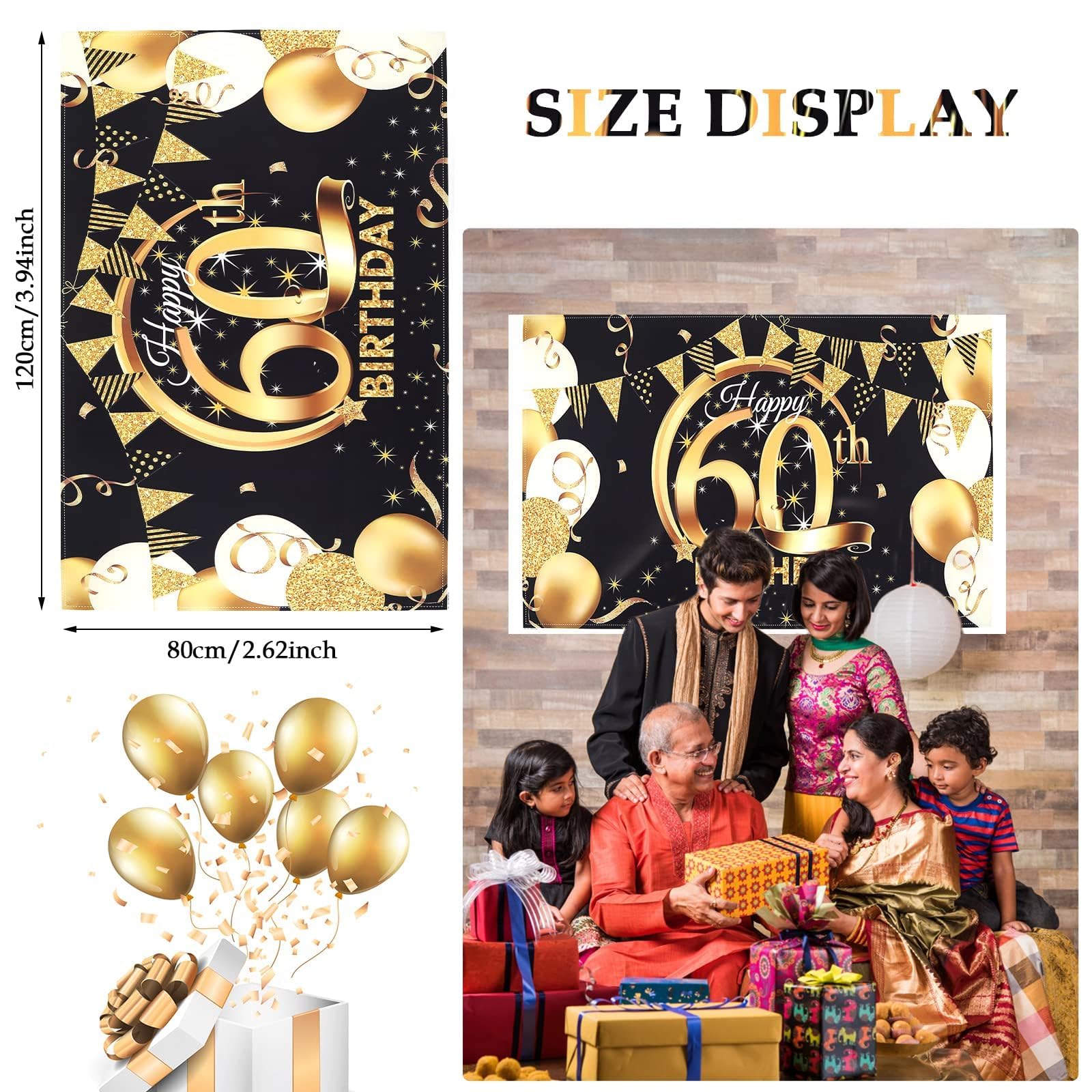 60. Geburtstag Banner – Schwarz-gold Glitzernd, 204 X 38 Cm, Mit Seil, Wiederverwendbar