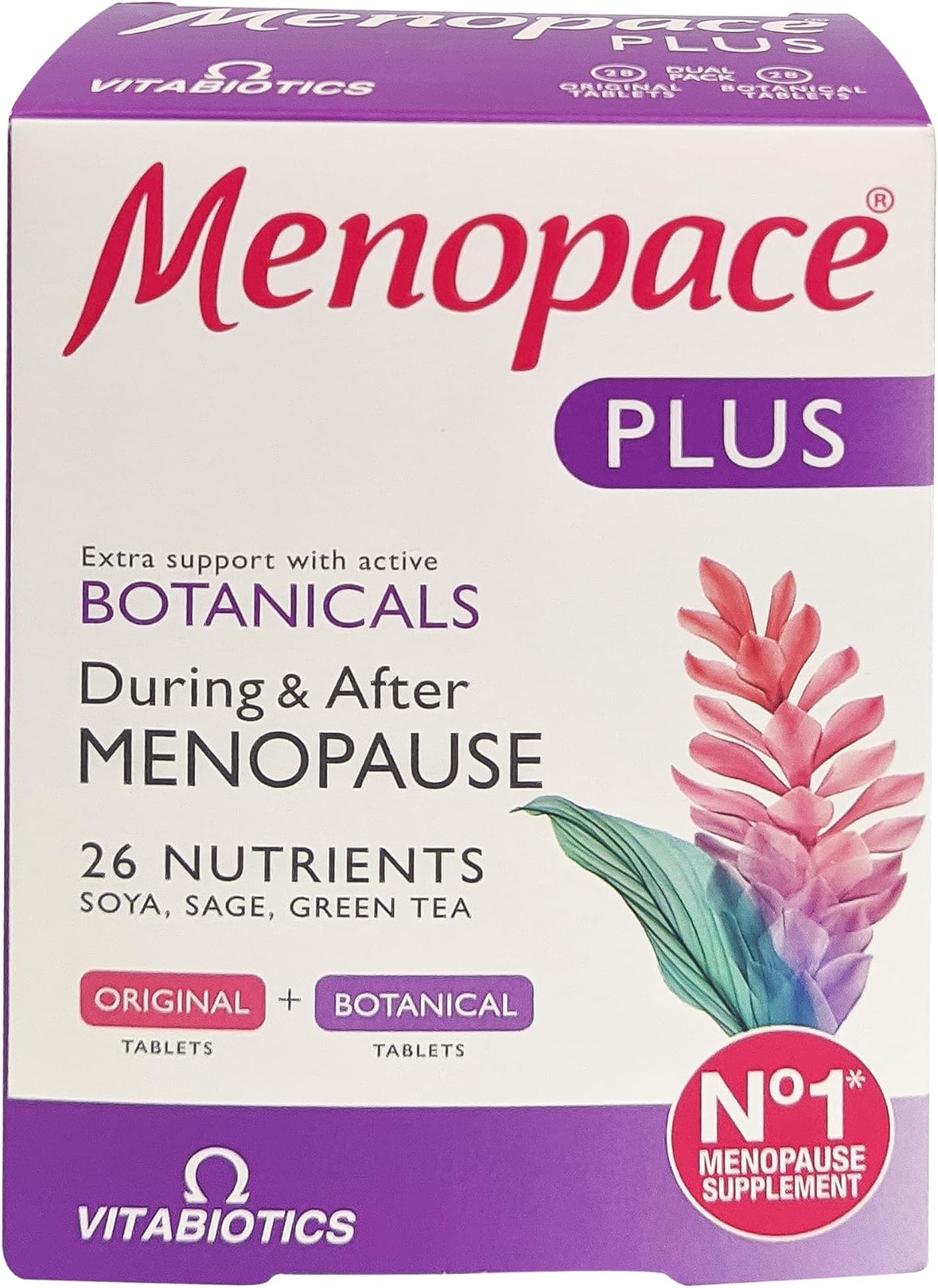 Menopace Plus 28 Original Tablets + 28 Botanical Tablets | Support During & After Menopause | Hormone Regulation - Bone Health - Skin & Hair - Soya Isoflavones - Sage - Green Tea - Flaxseed Lignans