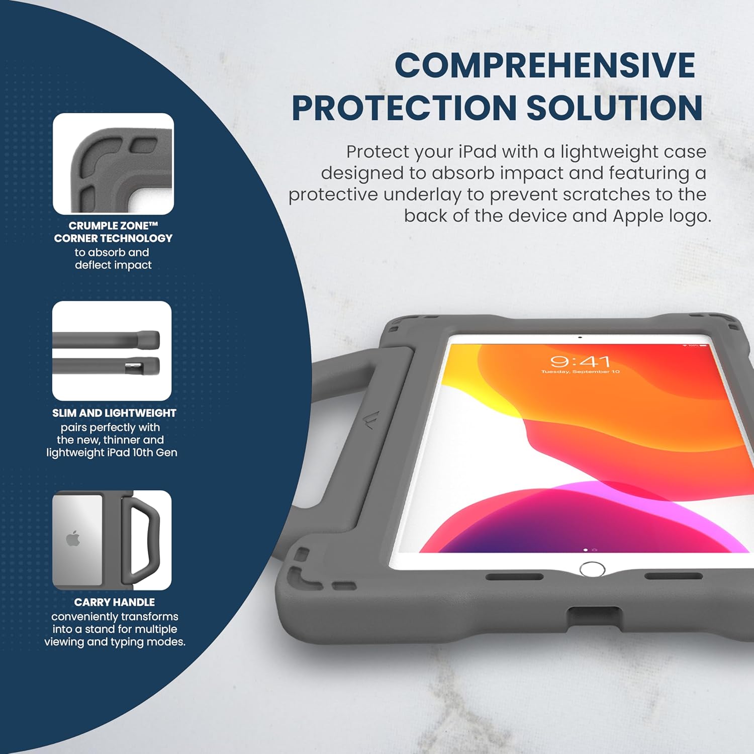 Brenthaven Edge Bounce Case Fits iPad 9th | 8th | 7th Generation (10.2-inch) Kids Carry Stand Protective Cover - Durable, Slim, Lightweight and Drop Tested Touch ID Compatible - Gray