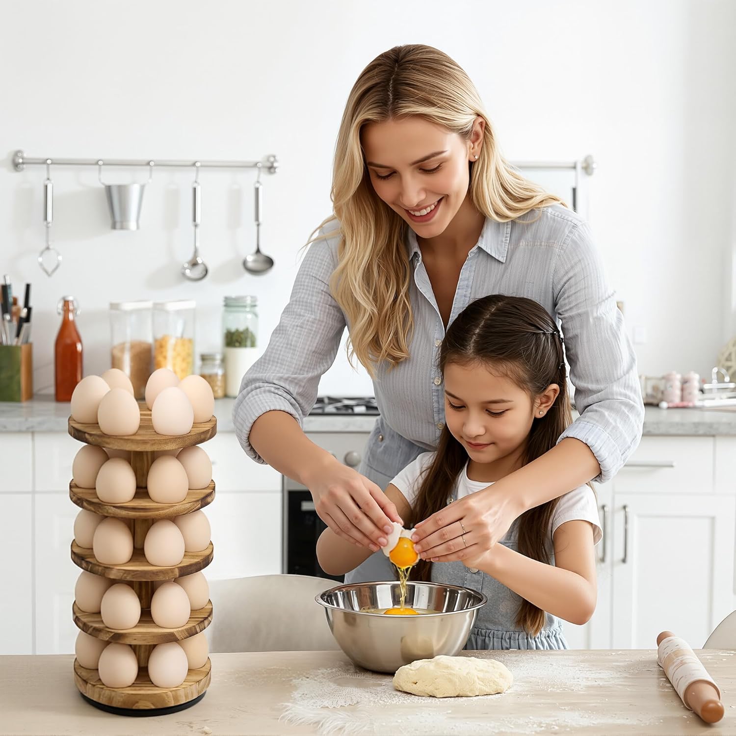 Wooden Fresh Egg Holder Countertop, 5 Layer Rotating Countertop Egg Holder for Fresh Eggs, Stackable with 30 Eggs for Countertop Kitchen, Pine - Image 6