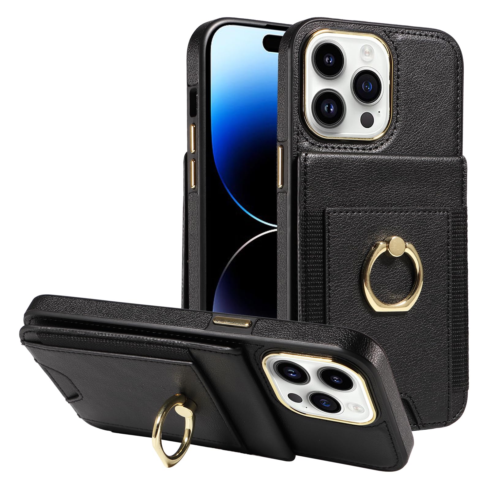 for iPhone 15 Pro Max (6.7 inch) Wallet Case with Credit Card Holder and 360° Rotation Ring Stand, RFID Block Flip Leather Shockproof Cover-Black