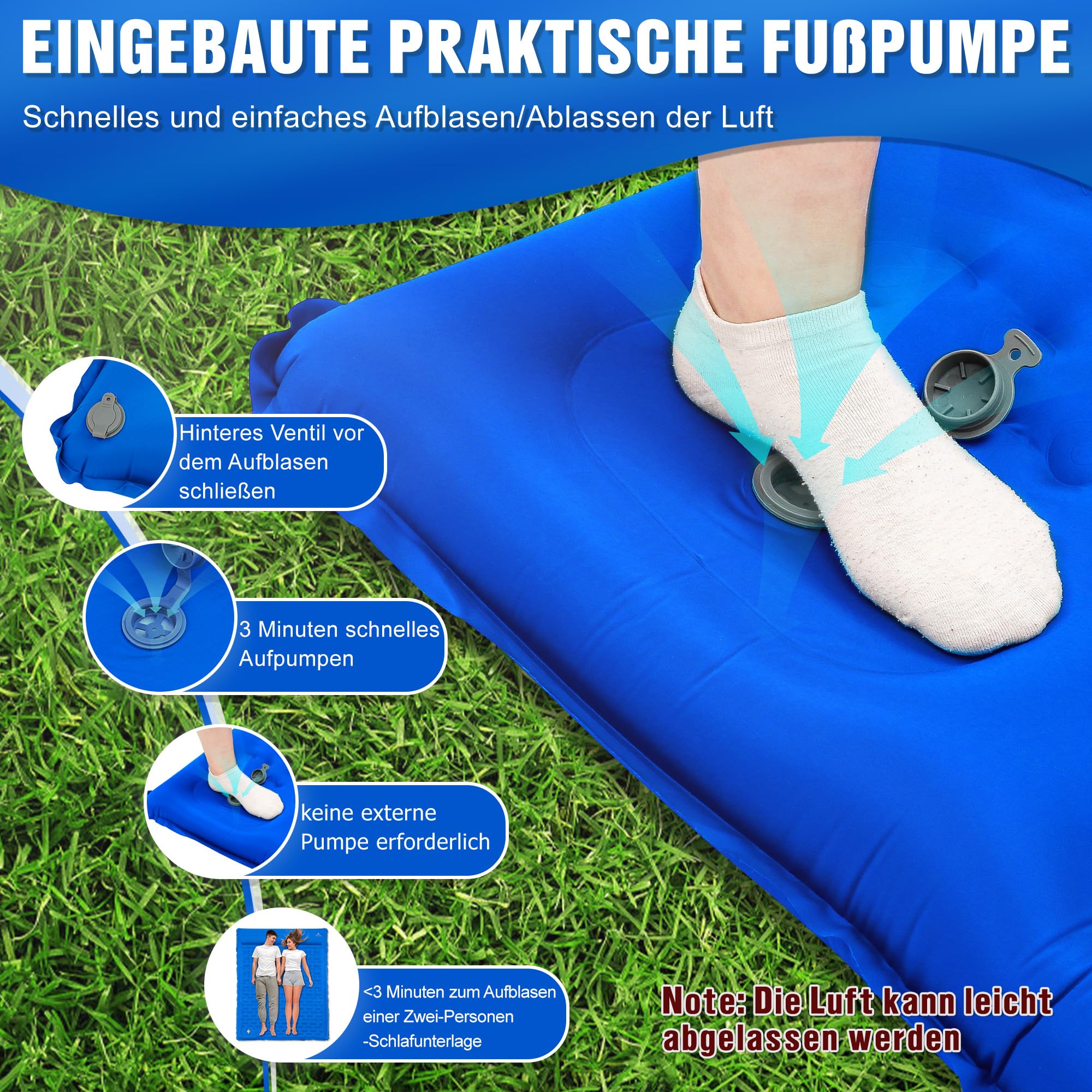 IEEILULU Isomatte 2 Personen, 196x140cm Matratze Camping, 12cm Verdickte Camping Isomatte, Aufblasbare Schlafmatten für Outdoor Wandern Zelt Backpacking (Blau)