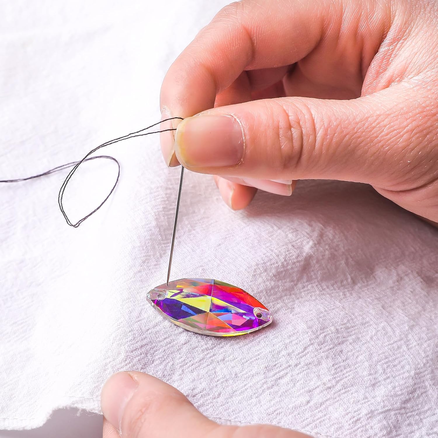 SWTHONY 84pcs 5 x 10mm AB Horse Eye Shaped Sew On Rhinestones for Crafting, Crystal Glass Gems Silver Plated Flatback Jewels with 2 Holes for Crafts Clothes Fabric - Image 4