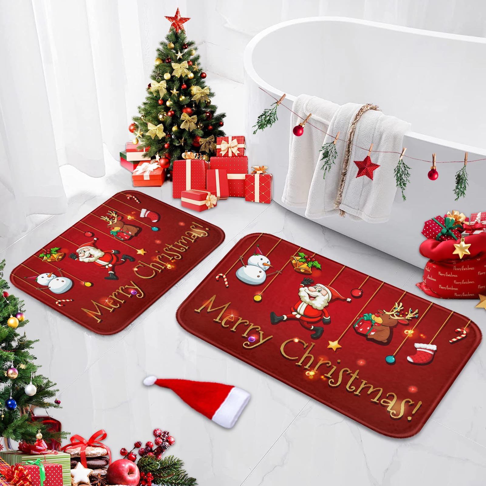 Tapis de salle de bain de Noël rouge antidérapant grand format tapis de sol bain fête