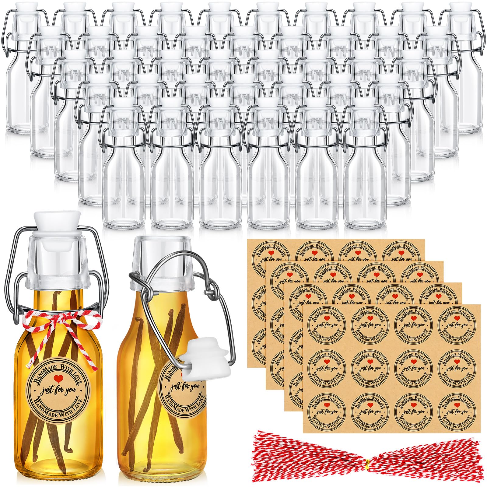 FoldTier 48 Pcs Mini Flip Top Glass Bottle Flip Top Vanilla Extract Bottles with Caps Homemade Printed Stickers for Holiday DIY Crafts Oil Wedding Baby Shower Party Favor Decoration(4 oz)