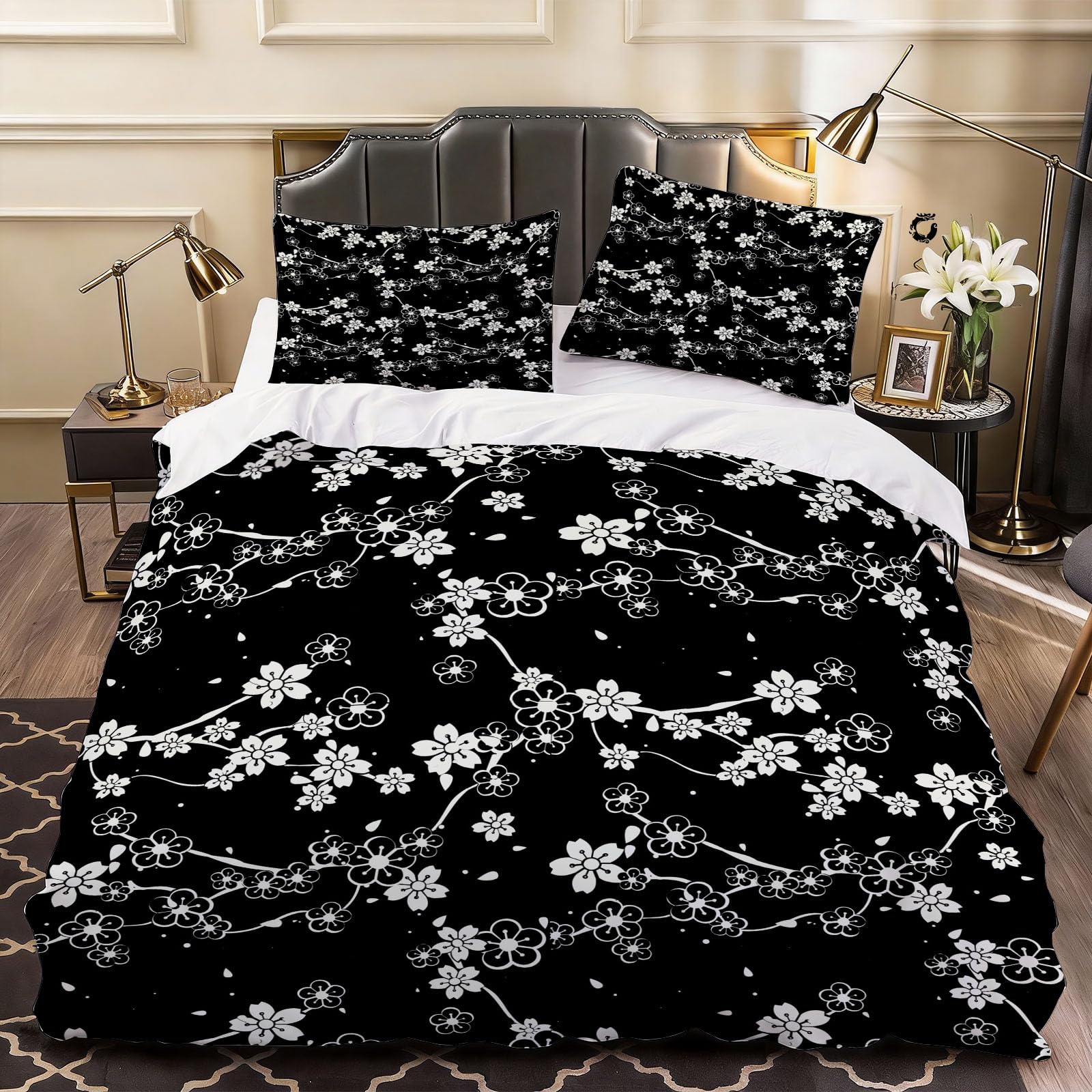 3D Cherry Blossom Duvet Cover Blossom Flowers Bedding Super King Bed Set, Soft Microfiber Comforter Cover Printed with Zipper Closure Quilt Coverr 260x220 cm and 2 Pillowcases