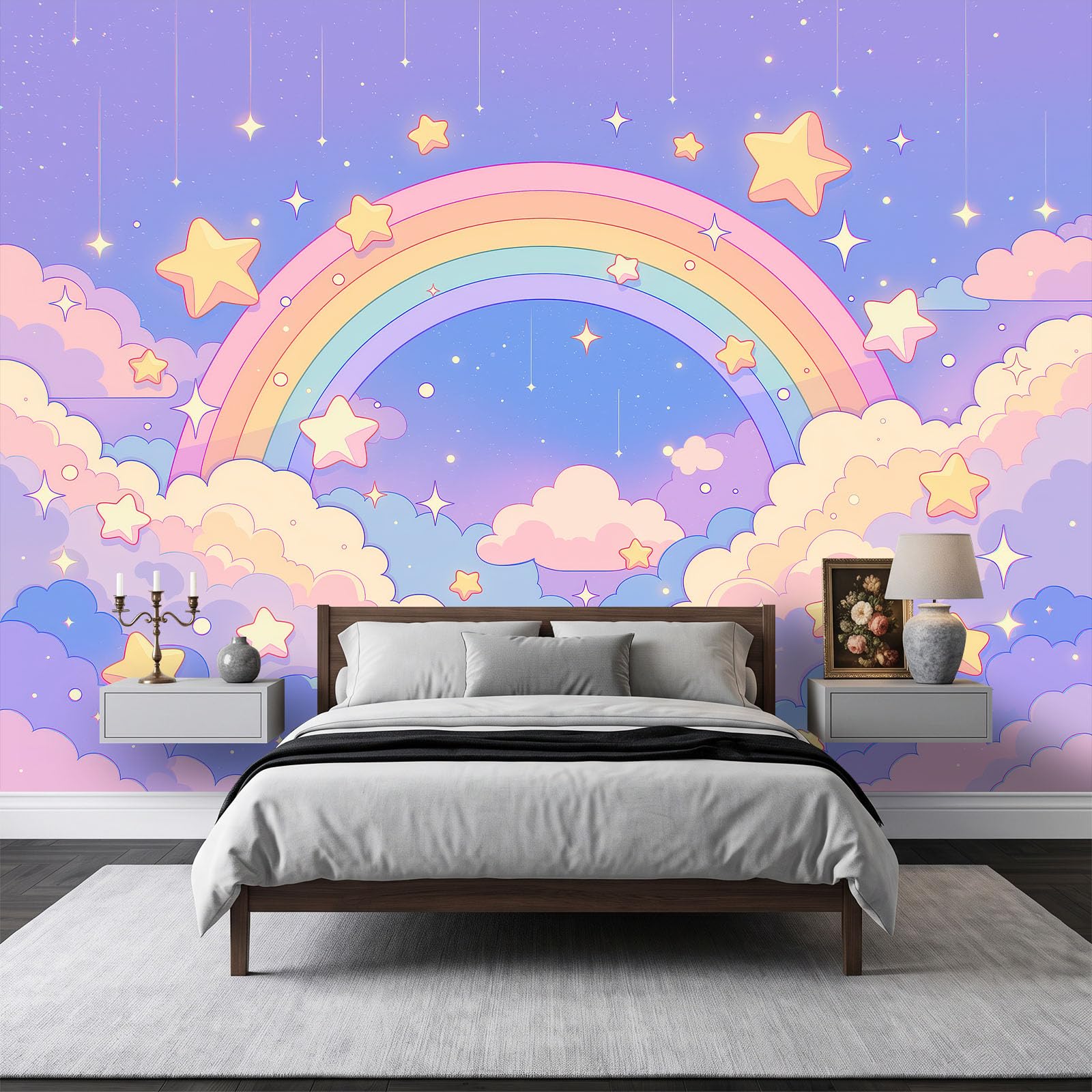 Tapeta 3D panoramiczny obraz ścienny 250 x 175 cm Cartoon Fantasy Himmel Regenbogen tapeta gobelin panoramiczny plakat salon dekoracja ścienna do pokoju dziecięcego, pudrowy niebieski