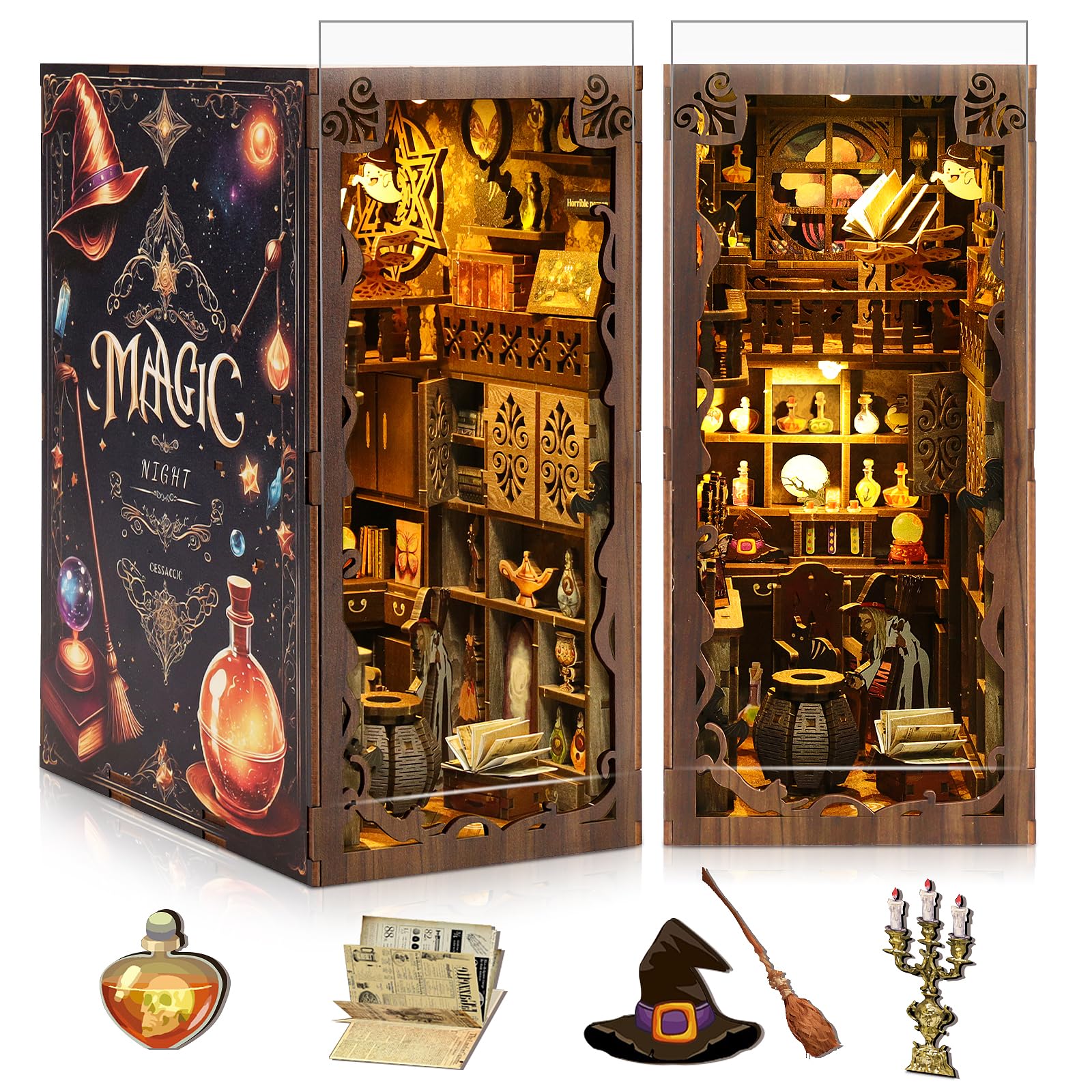 Book Nook Kit, DIY Miniature House Kit with Dust Cover LED Light 3D Wooden Puzzle Bookends Crafts Bookshelf Decoration Gift for Adults and Teens (Magic Night)