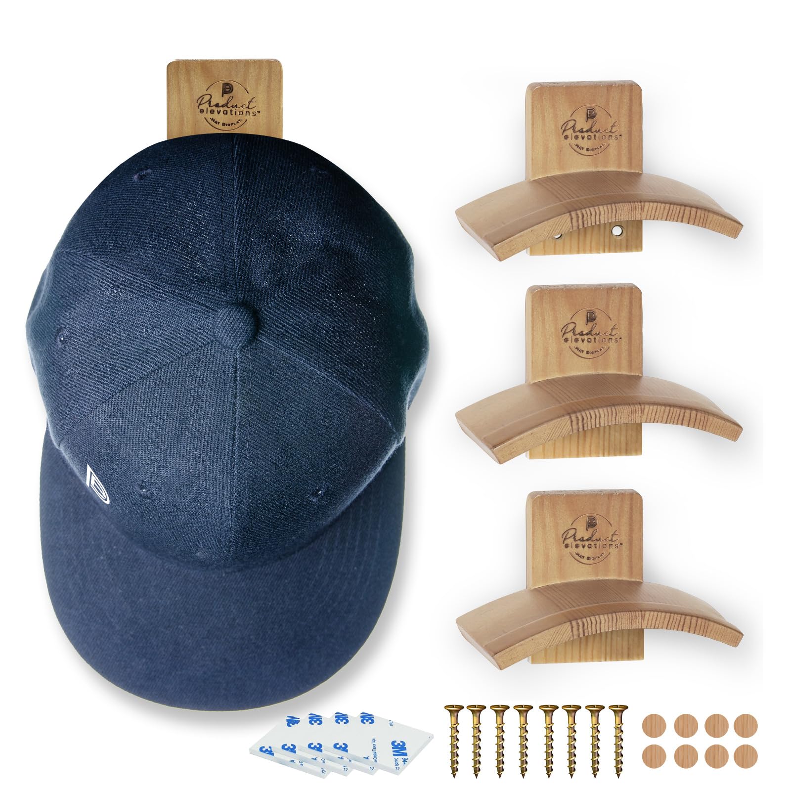 Product ElevationsProduct Elevations Hat Hooks for Wall - Hat Holders & Cap Racks - 4-Pack with Screws & Foam Adhesive - Natural Curved Wood Cap Hanger for Door & Closet