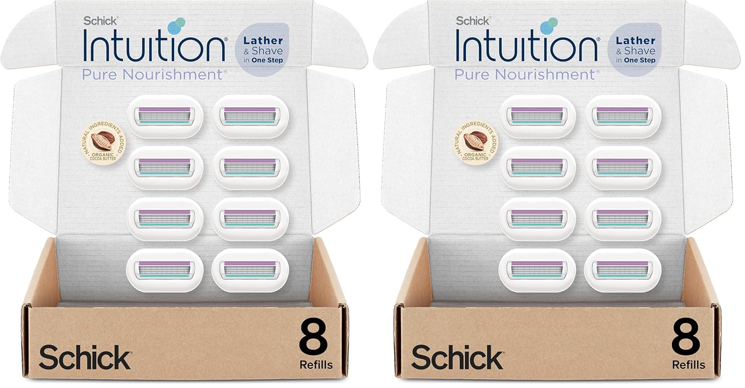 Schick Intuition Refill,Pure Nourishment Razors for Women | Intuition Razor Blades Refill with Organic Cocoa Butter,Razor Refills,8 Count (Pack of 2)