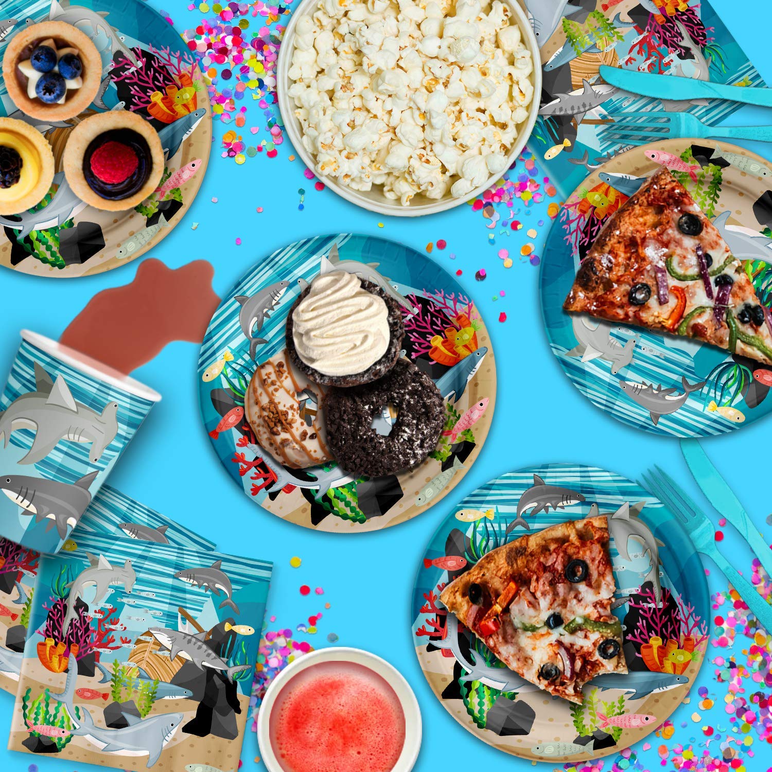 Shark Birthday Party Supplies Kit For 16 Guests - Plates, Cups, Napkins Set