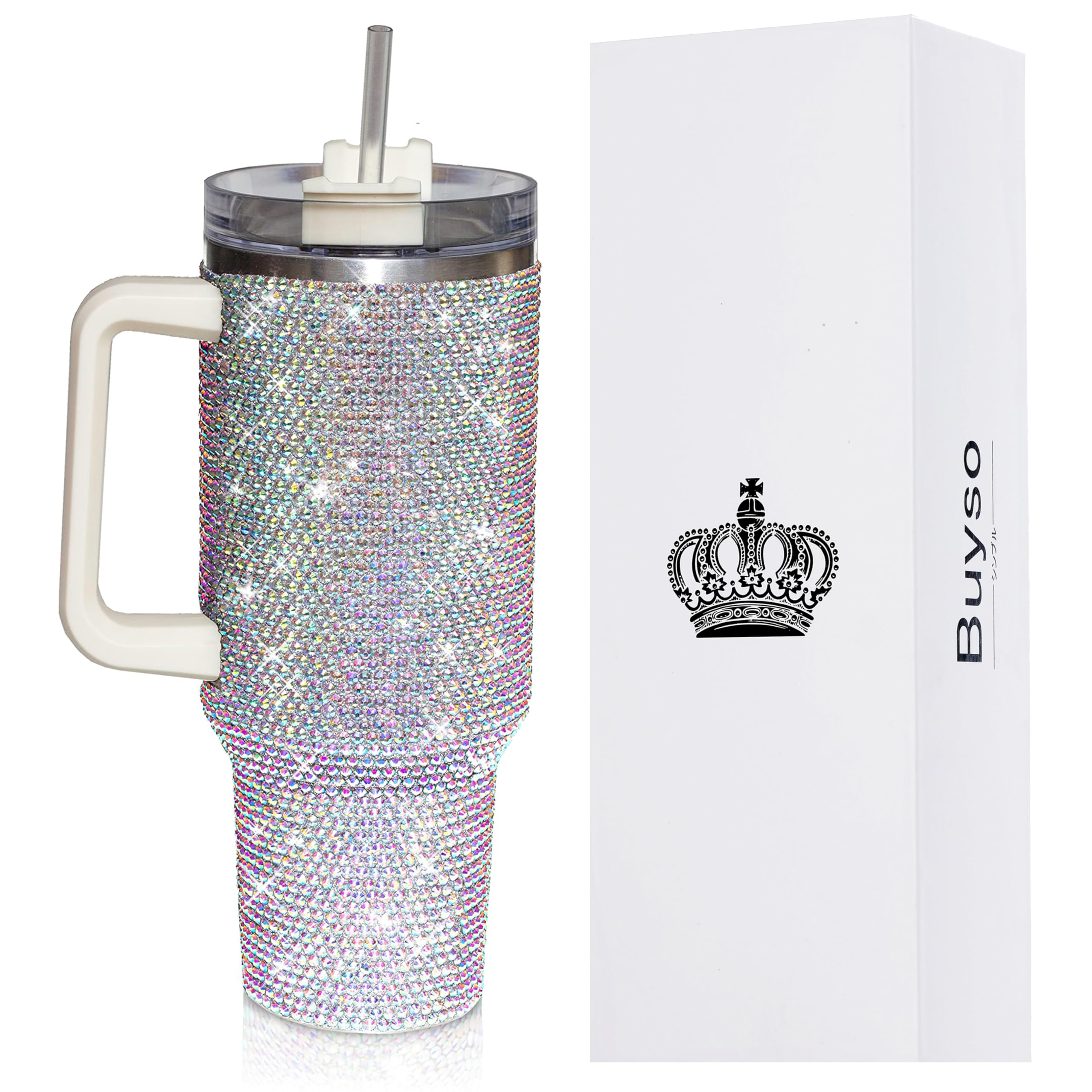 Glitzernder Becher mit Griff, Strasssteine, Becher mit Deckel und Strohhalm, isoliert, Edelstahl, doppelwandig, Wasserbecher, Reisebecher für Damen, 1,2 l, glänzend, 1,2 l