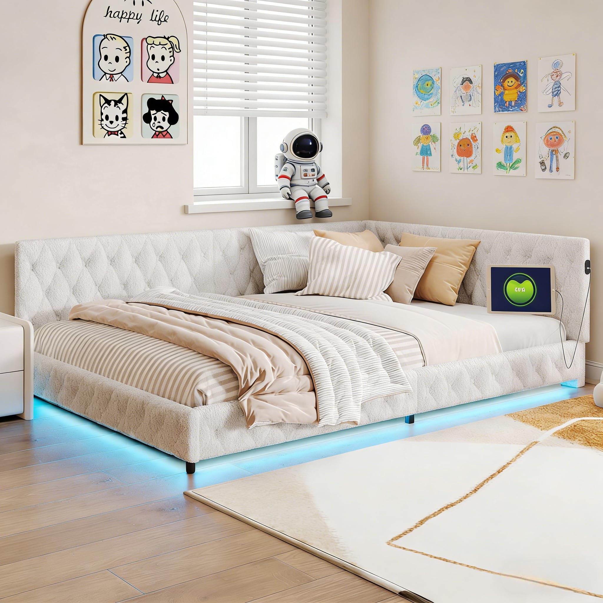 BRILVERDE Łóżko tapicerowane 140 x 200 cm, z diodami LED i USB, łóżko dziecięce, sofa ze stelażem, łóżko podwójne, dla dzieci i młodzieży, wełna jagnięca, bez materaca (białe, 140 x 200 cm)