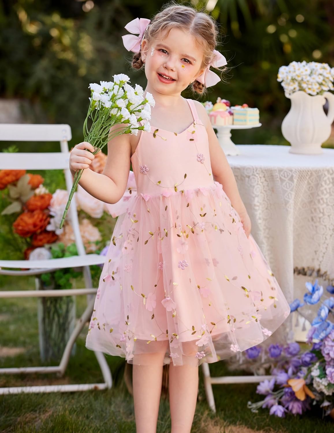 Arshiner Toddler Girls Tulle Dress Bowknot Tutu Birthday Princess Embroidery Dresses Formal Photoshoot Summer Outfit 2-8T