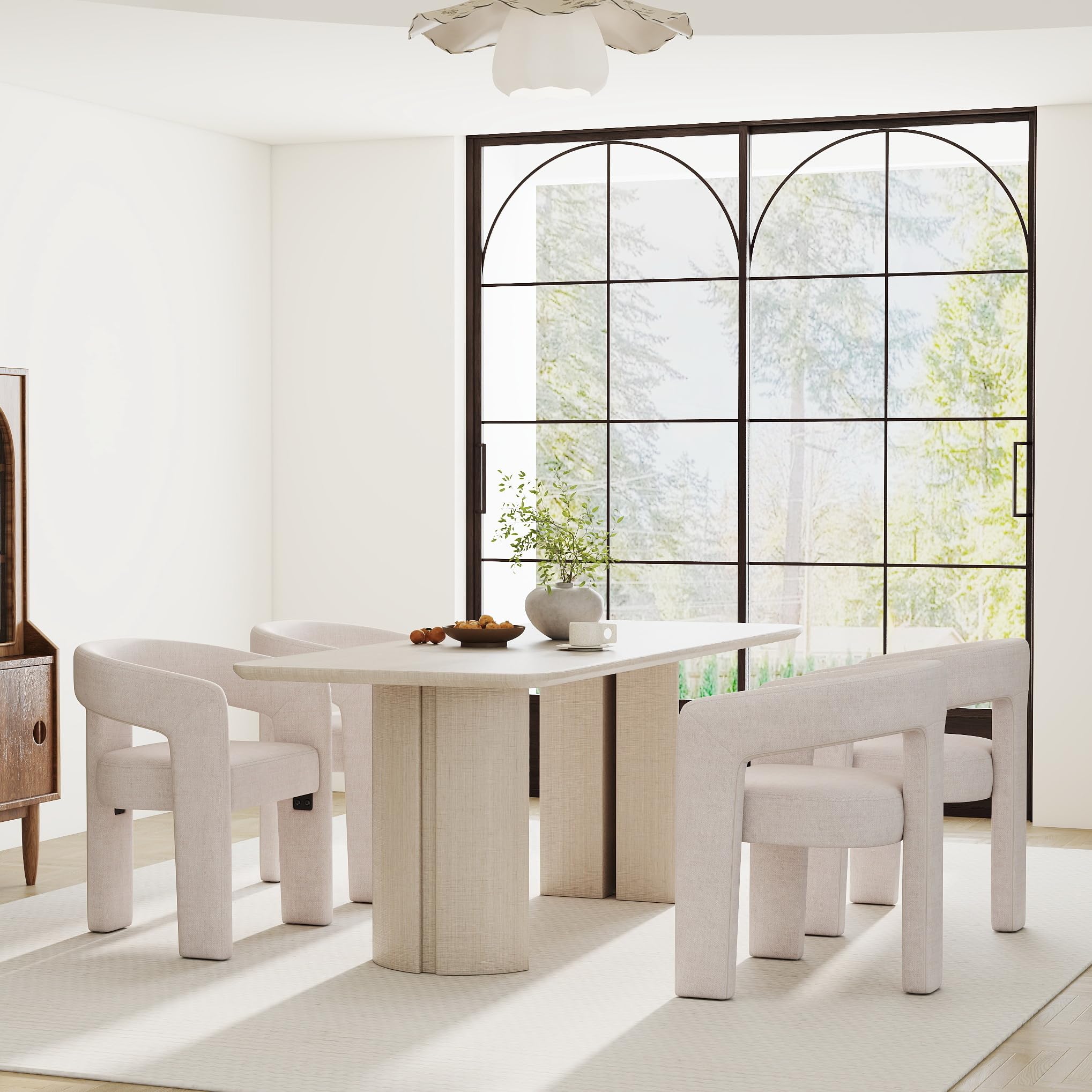 RIVOVA Modern Barrel Dining Chairs Set of 4, Linen Upholstered Accent Side Chair with Arms Comfy Makeup Vanity Chairs, Dining Living Room Kitchen