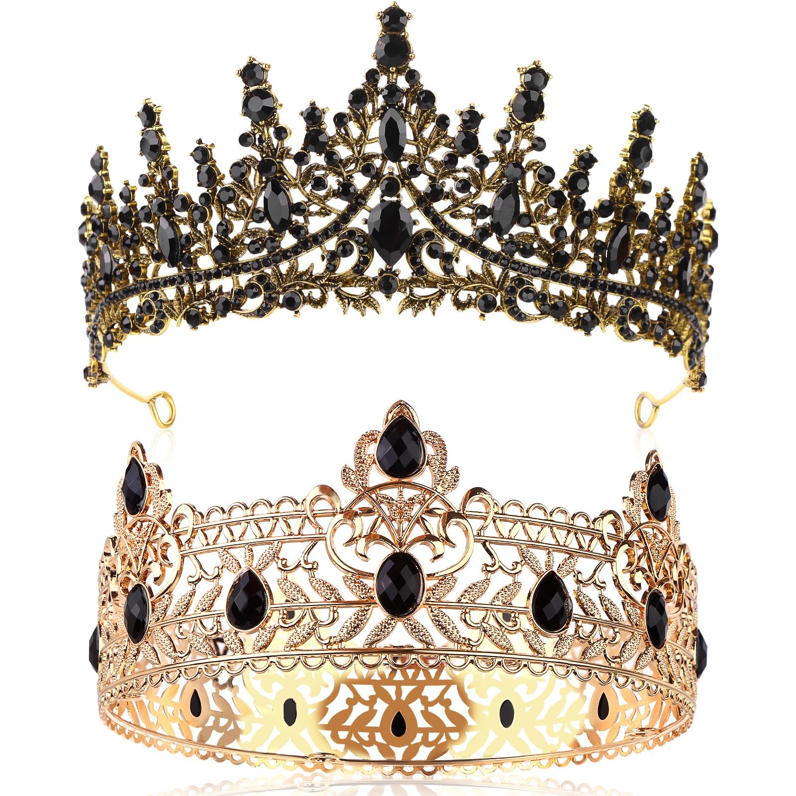 2 Pcs Prom King and Queen Crowns Set King Crowns for Men Royal Crown with Black Rhinestone Crystal Crowns for Women Crown Tiara Costume Headwear for Wedding Halloween Homecoming Party Decorations