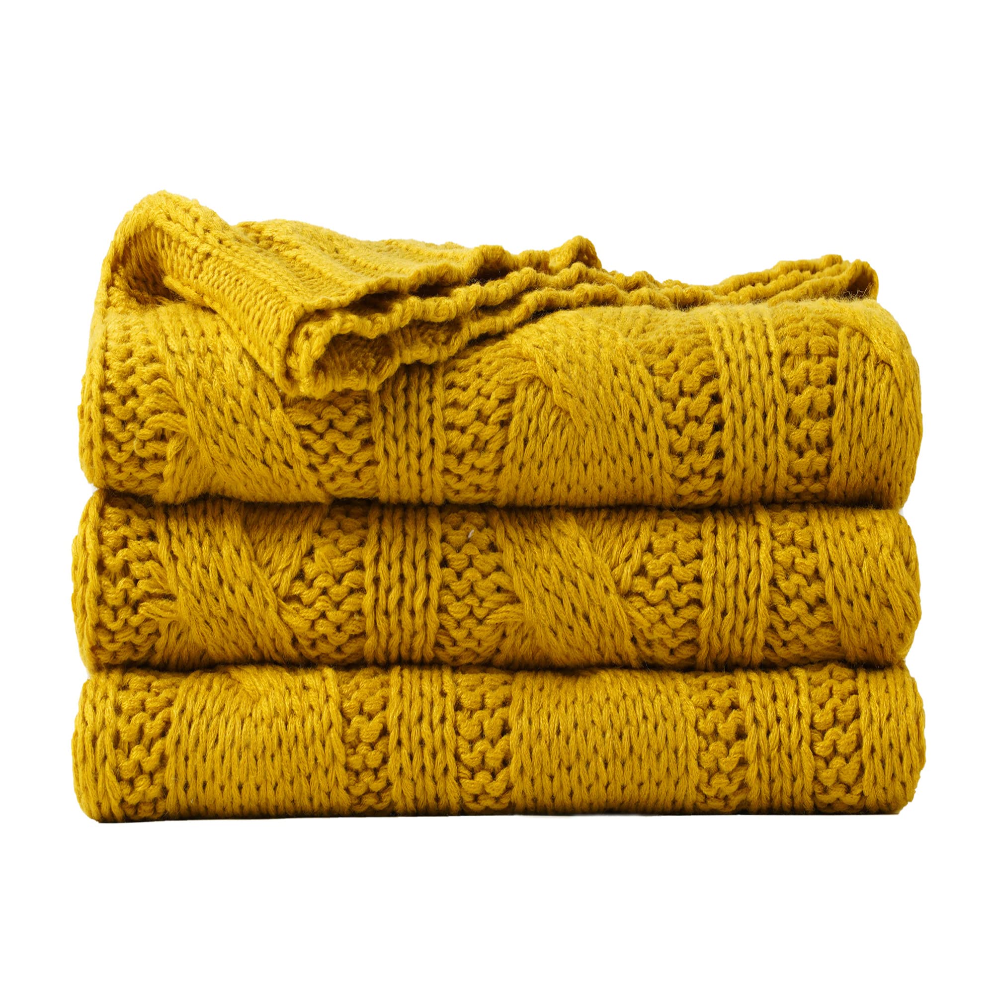 Battilo Mustard Cable Knit Throw Blankets for Couch Bed Sofa, Acrylic Knitted Blanket, Soft Cozy Throw Blanket, 50" x 60"