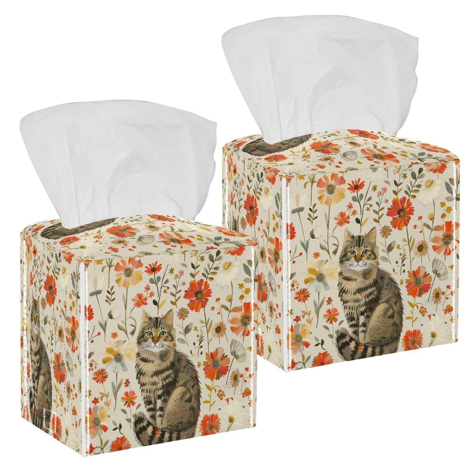 Lovely Cat Tissue Box Cover, 2 Pack PU Leather Square Facial Tissue Dispenser Box holder for Home Office Car