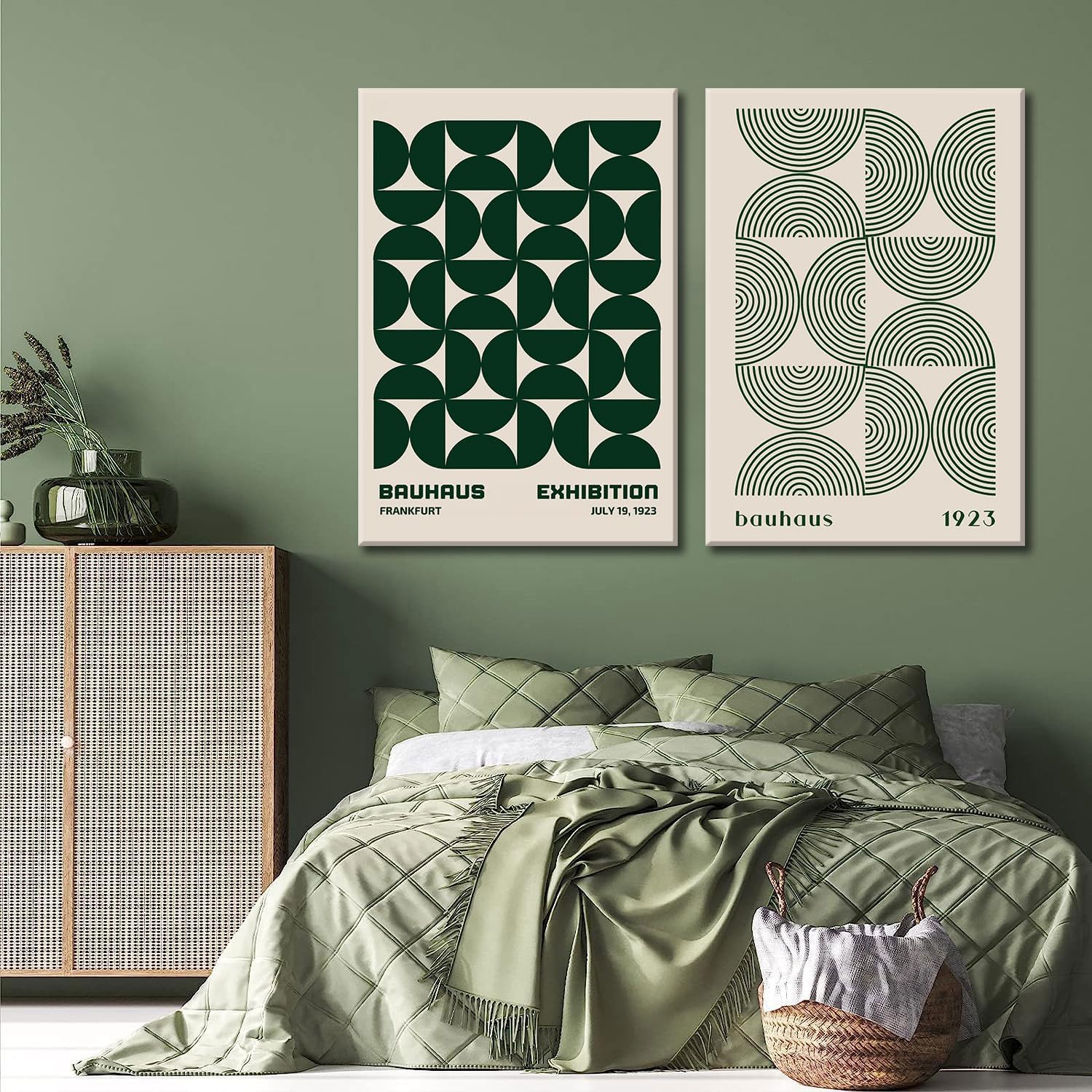 Moderne Wandkunst, Bauhaus Mitte des Jahrhunderts, Retroposter, grün, Boho, geometrisch, abstrakt, minimalistisch, Wanddeko, Schlaf-, Wohn-. Esszimmer, ungerahmt (grün, 40,6 x 61 cm, gerahmt)