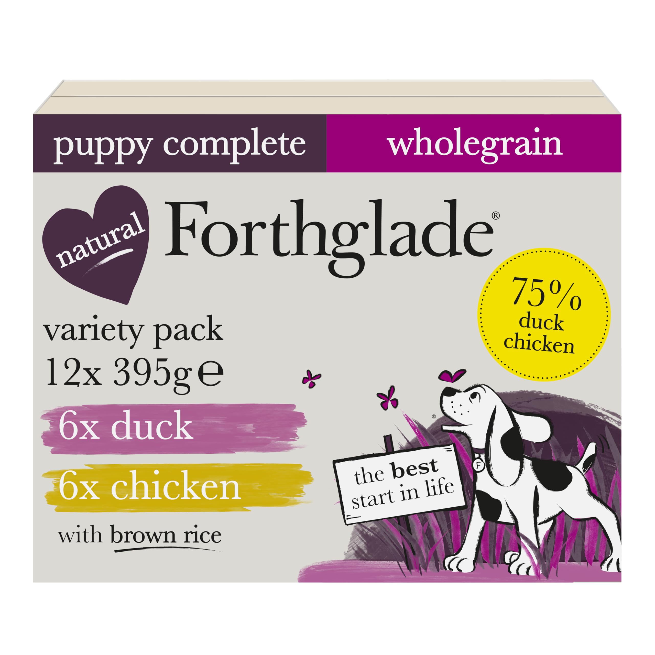 Forthglade Wet Puppy Food Variety Pack (12 x 395g Trays) - Wholegrain & Hypoallergenic Dog Food, Duck or Chicken with Brown Rice & Vegetables, Complete Puppy Meals for 2-12 Months, Natural Ingredients