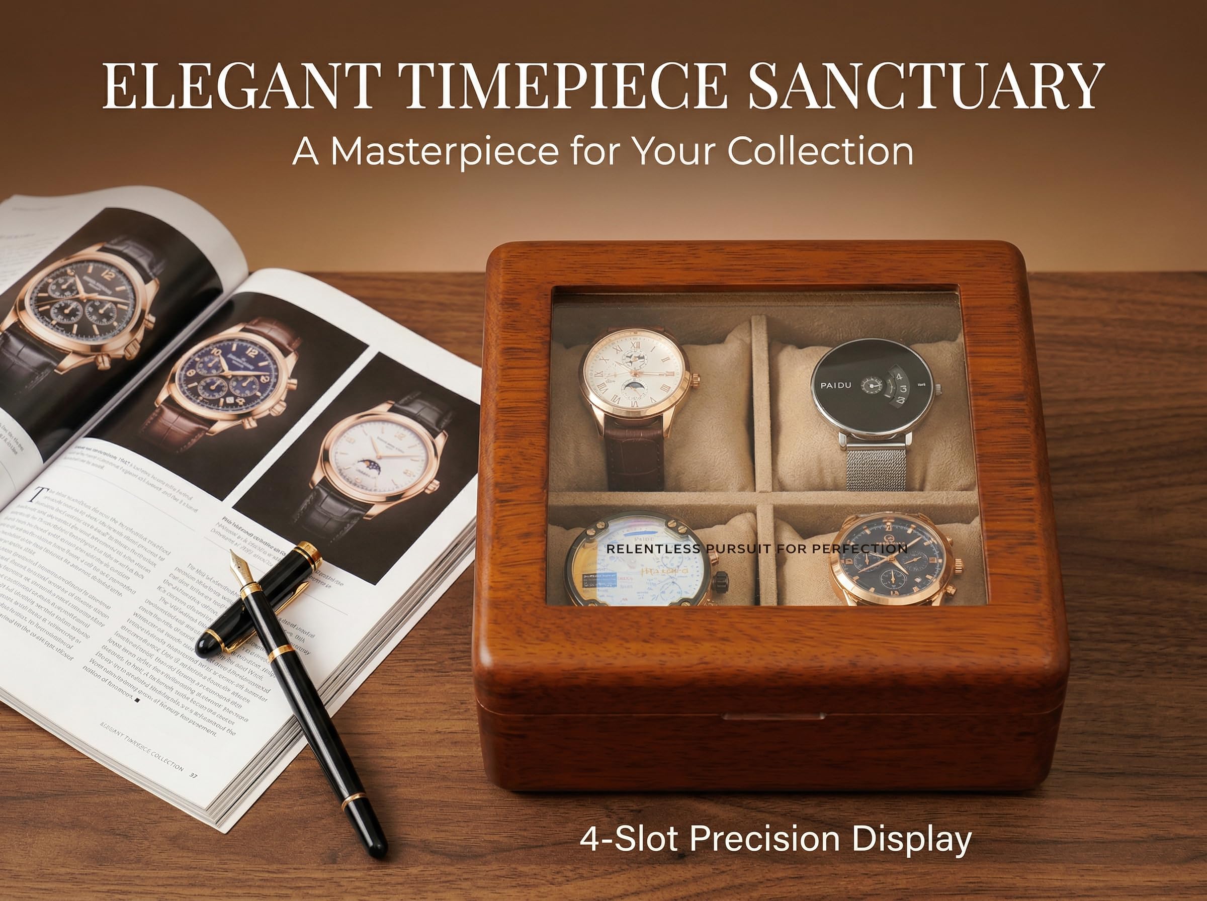Caja de reloj para hombre, caja de reloj de madera de 4 ranuras con tapa de cristal, organizador de almacenamiento para reloj de hombre, estuche de viaje