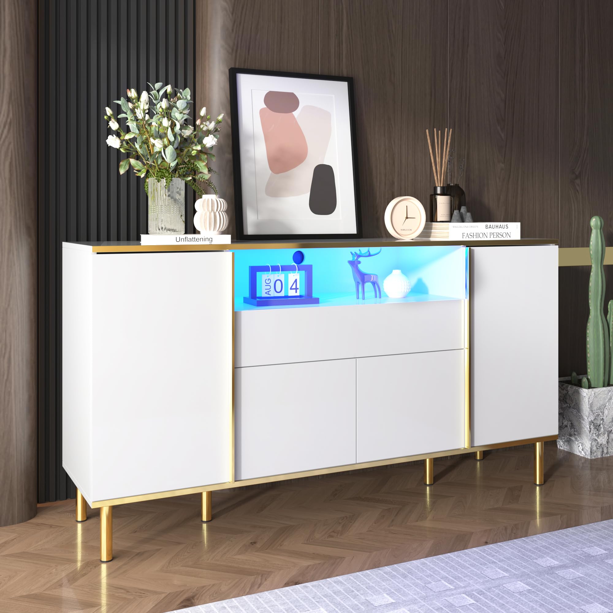 Azkoeesy Credenza 150 cm con LED per soggiorno, Bianco lucido con oro, 4 ante e 1 cassetto, apertura a pressione, mobile TV, cassettiera, per sala da pranzo e cucina