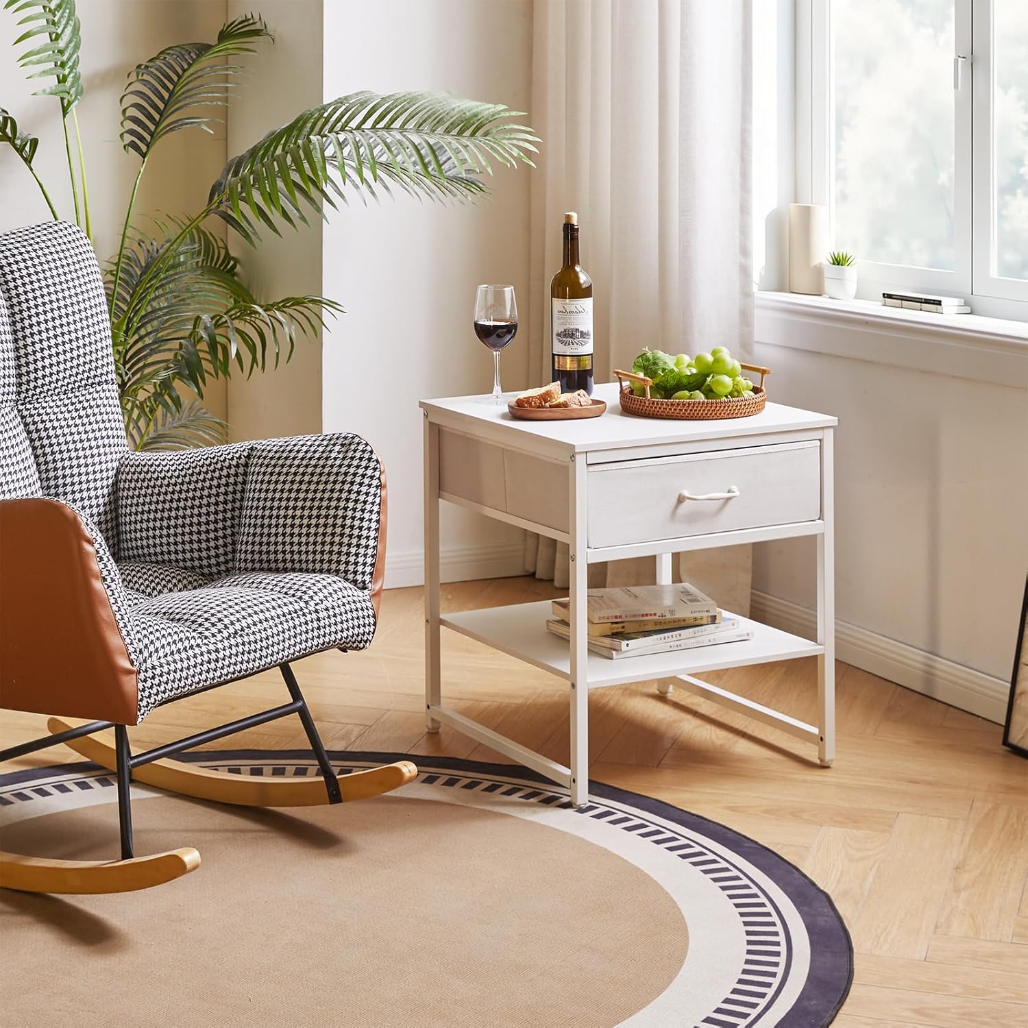 Living Room Large Side Table, End Table with Drawers, Refrigerator Stand Printer Table with Adjustable Shelves, Office Square Coffee Table White YD-TM156W