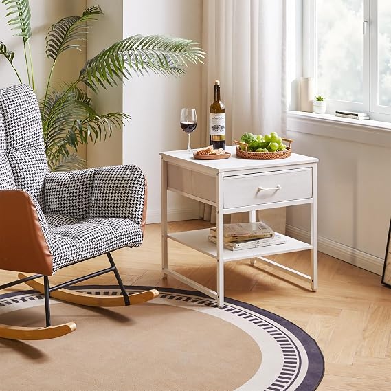 Aibiju Large Side Table for Living Room, Small Table Stand 20 Inch, Fridge Stand Printer Table with Fabric Drawer, Square Tea Coffee Table for Office, White YD-TM156W