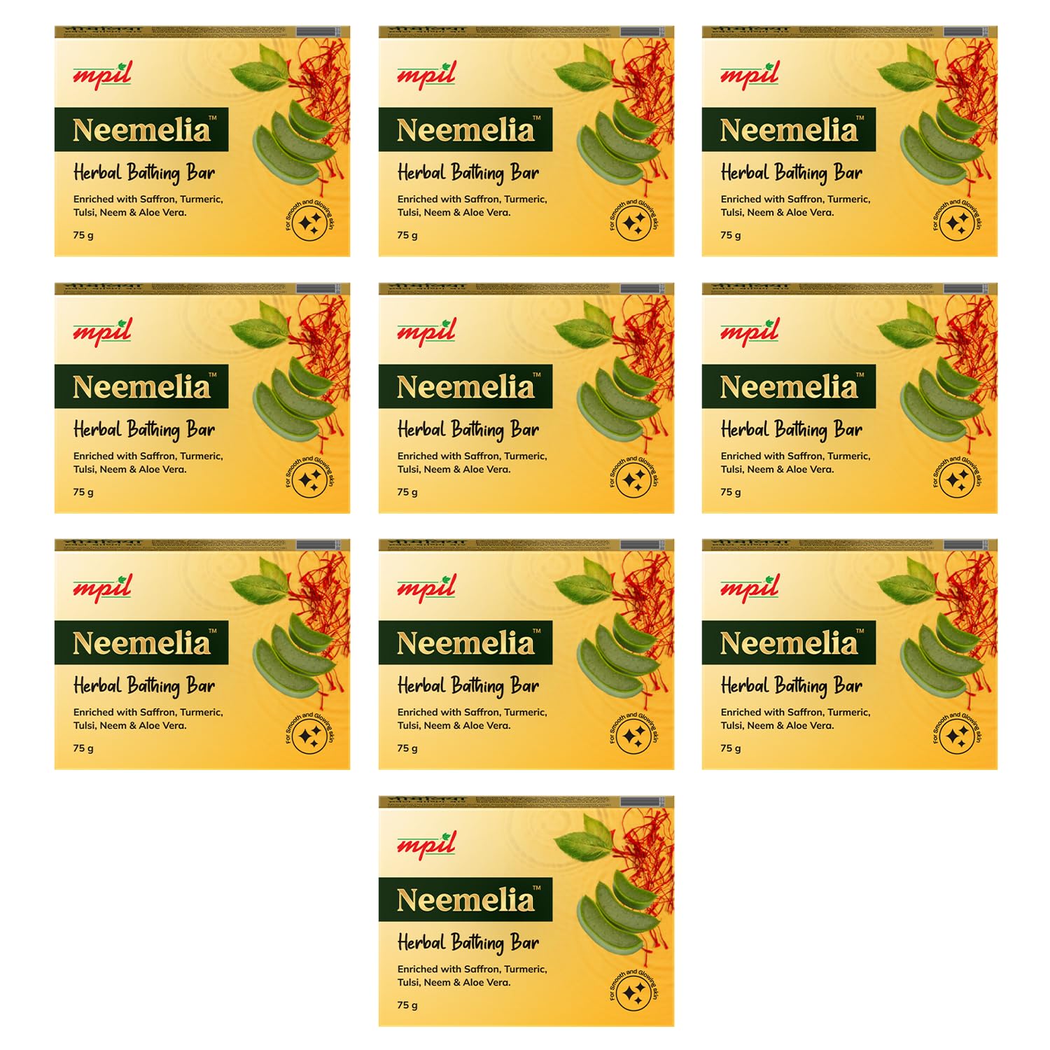MPIL Neemelia Herbal Bathing Bar | Pure Neem & Kesar Soap | For Acne Prone skin | Suitable for All Skin Types | 75 Grams | PACK 10