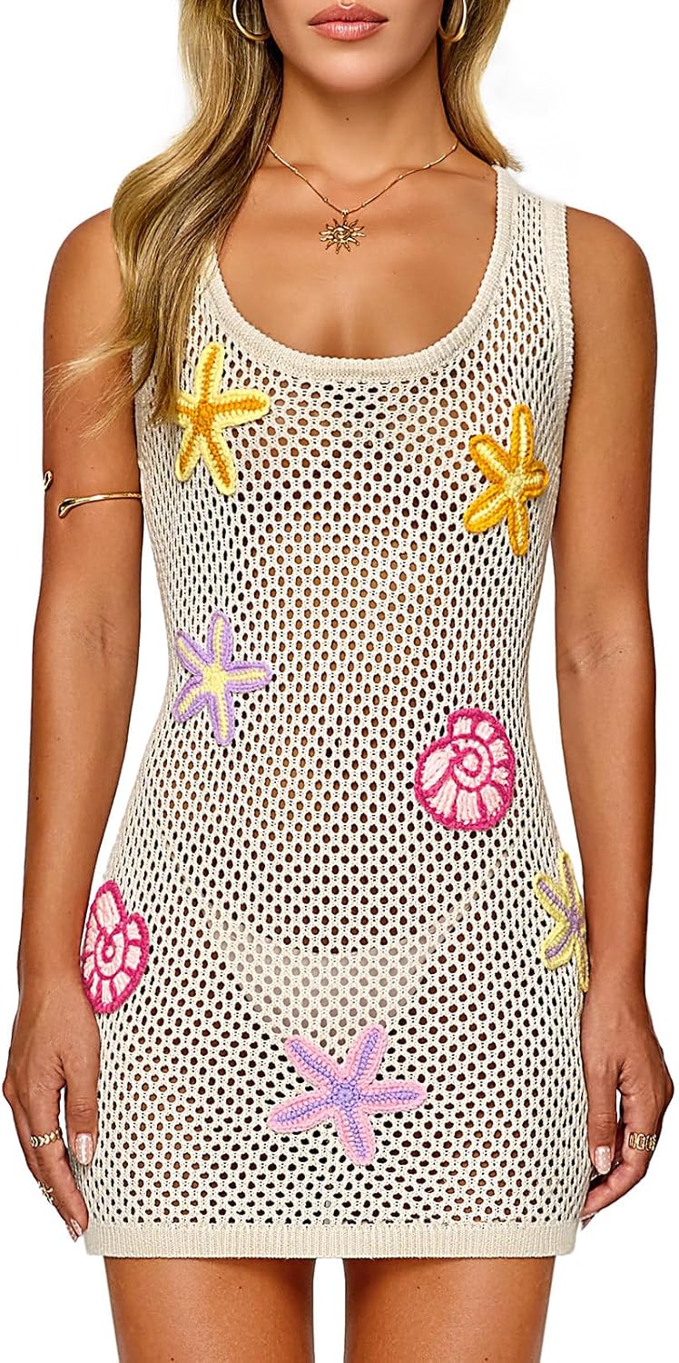 FAIRY SEASON Women's Crochet Beach Cover Up with 3D Starfish & Shells, Sleeveless Mini Dress for Pool, Resort Vacation