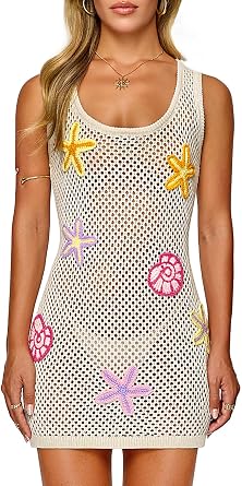 FAIRY SEASON Womens Crochet Beach Cover Up with Hand-Embellished 3D Starfish & Seashells, Sleeveless Dress for Vacation