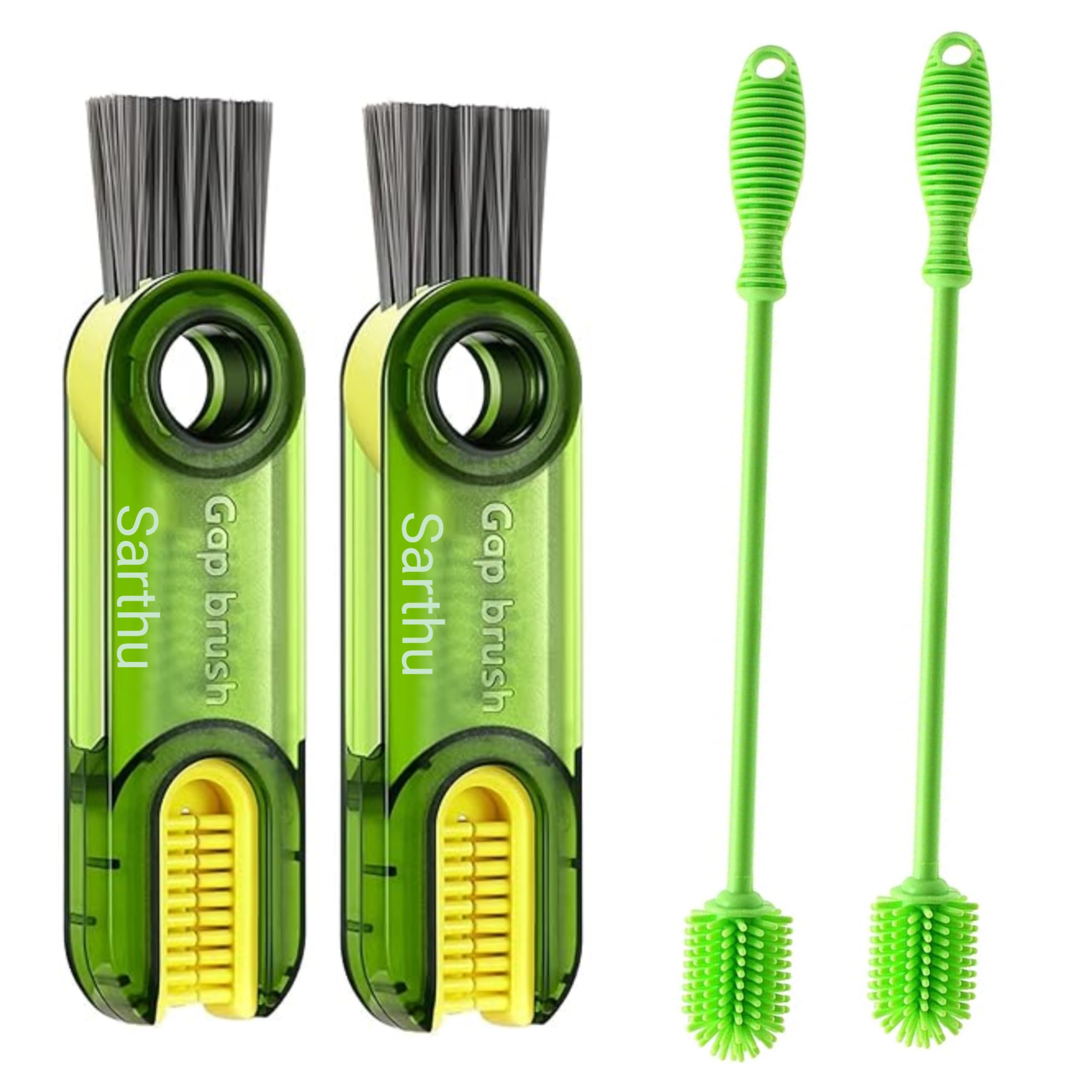 SARTHU 2pcs Silicone Bottle Cleaning Brush Set (12.5") & 2pcs 3-in-1 Multifunctional Cleaning Brushes | Ideal for Baby Bottles, Hydro Flask, Sports Bottles, Glassware & Crevice Cleaning Tools