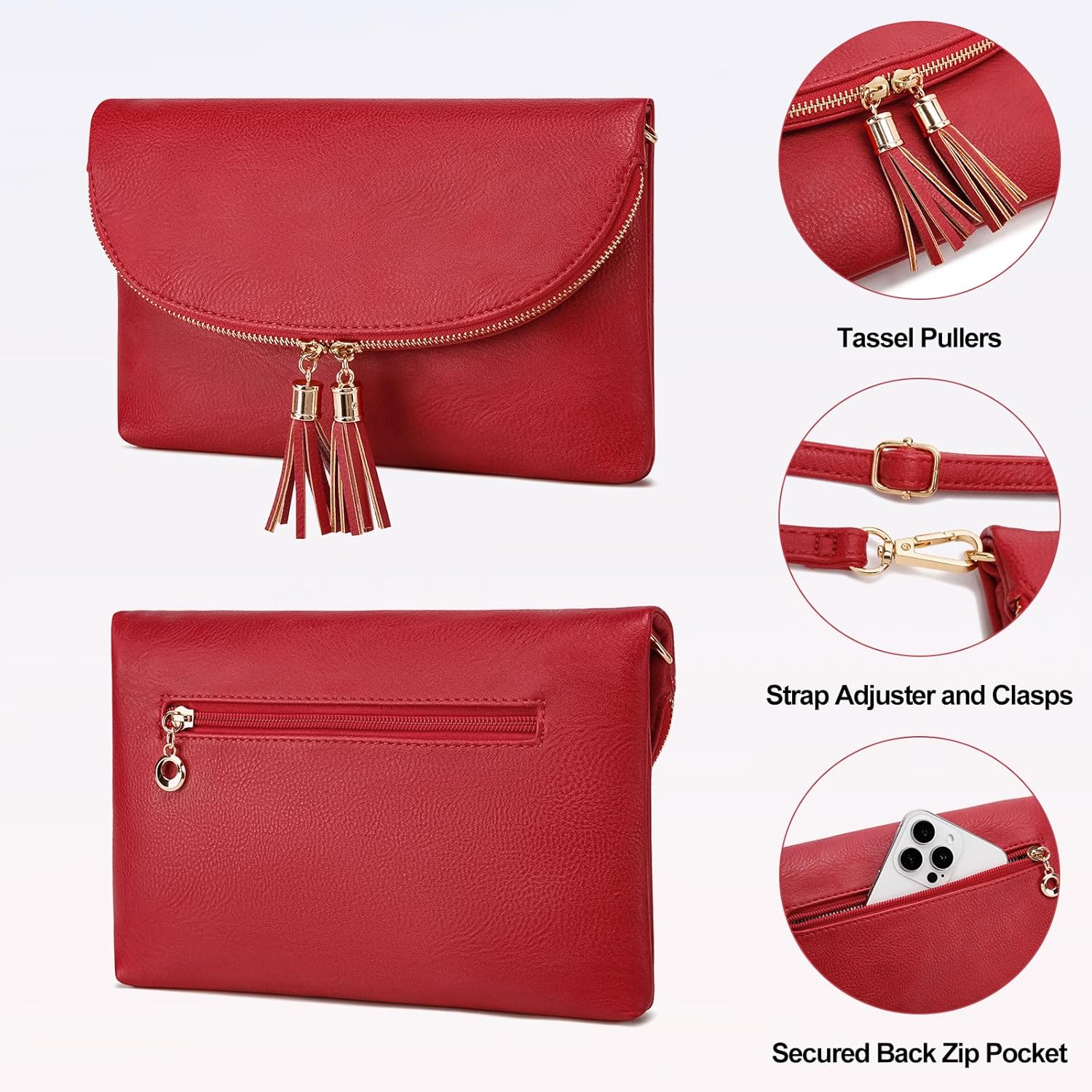 Solene Womens Envelop Clutch Purse Multi Compartments, 6 Card Slot Inside, Crossbody Bag With Tassels - Image 5