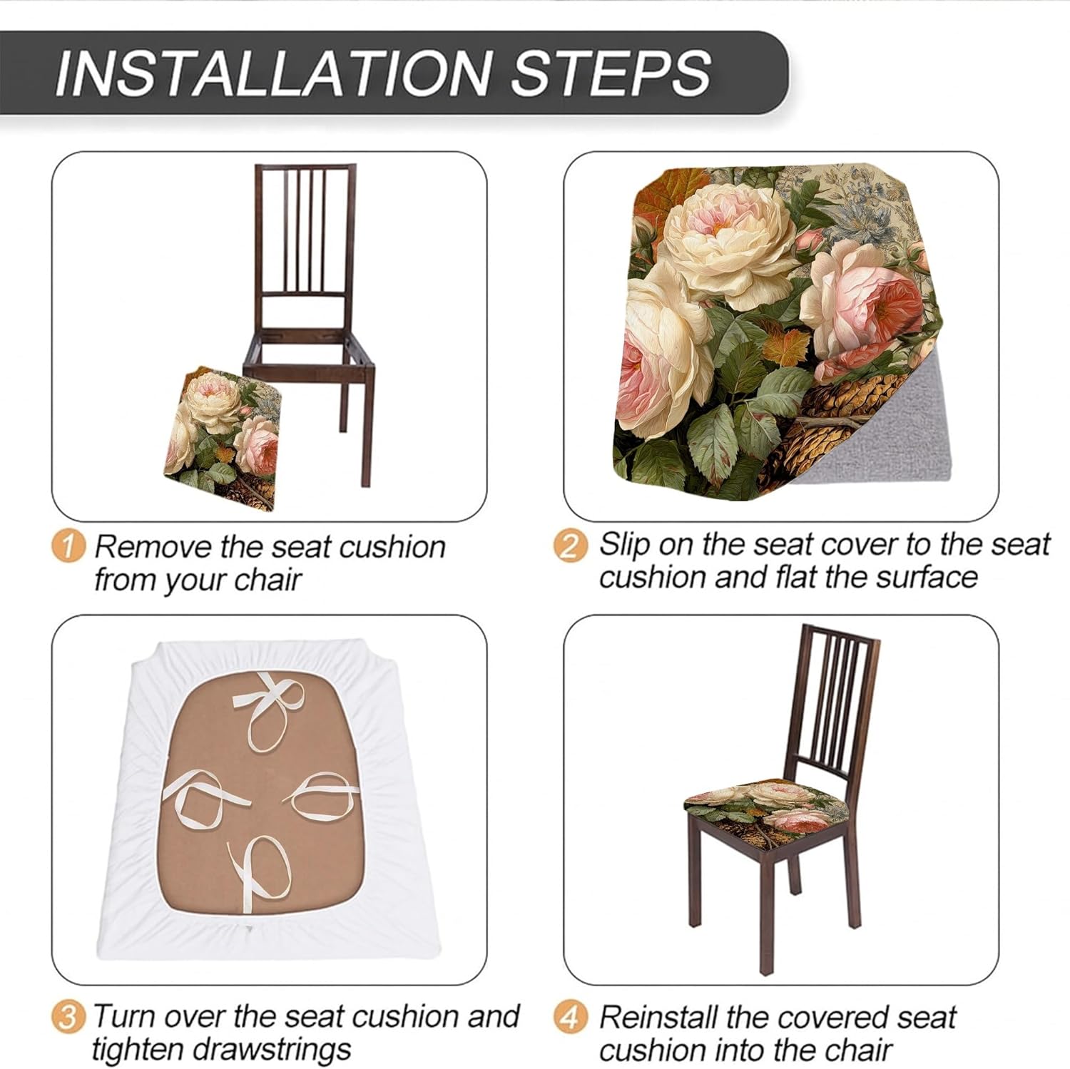 Elegant Floral Chair Seat Covers, Stretch Spandex Cushion Slipcovers with Vintage Rose Design, Washable Decorative Covers for Living Room Dining Decor 6PCS