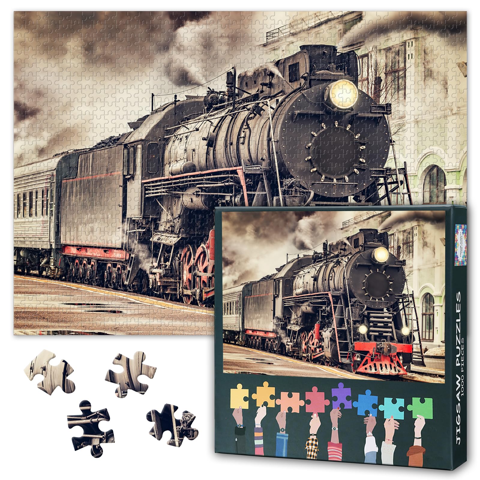 1000 Piece Jigsaw Puzzle for Adults Black and White Steam Train Art Retro Vintage Railway Photography Monochrome Wall Decor Challenging Puzzles for Home Office 27.5x19.7 Inch