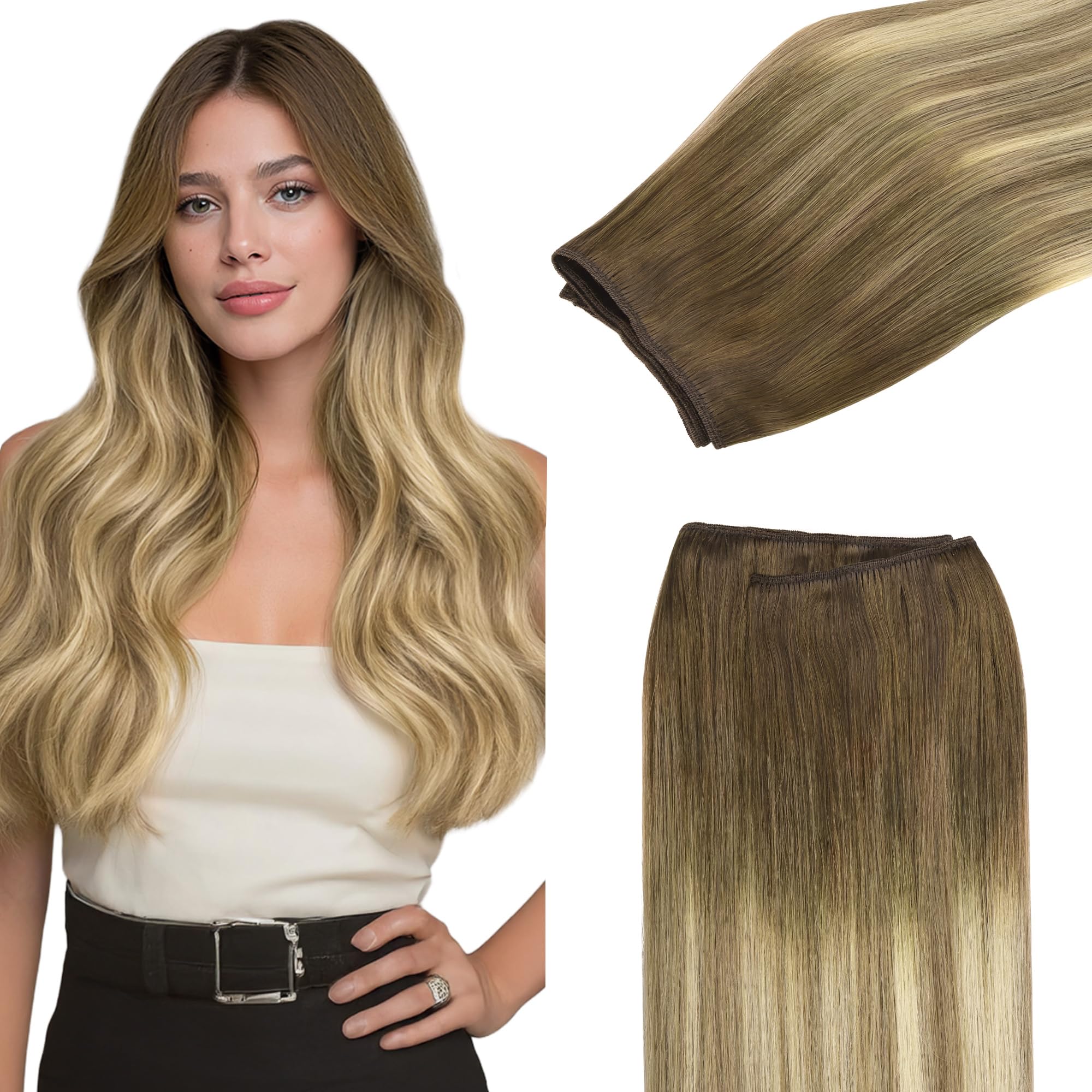 GOO GOO Sew in Hair Extensions Real Human Hair, Weft Hair Extensions Human Hair, 3/8/613 Balayage Walnut Brown to Ash Brown and Bleach Blonde 14inch