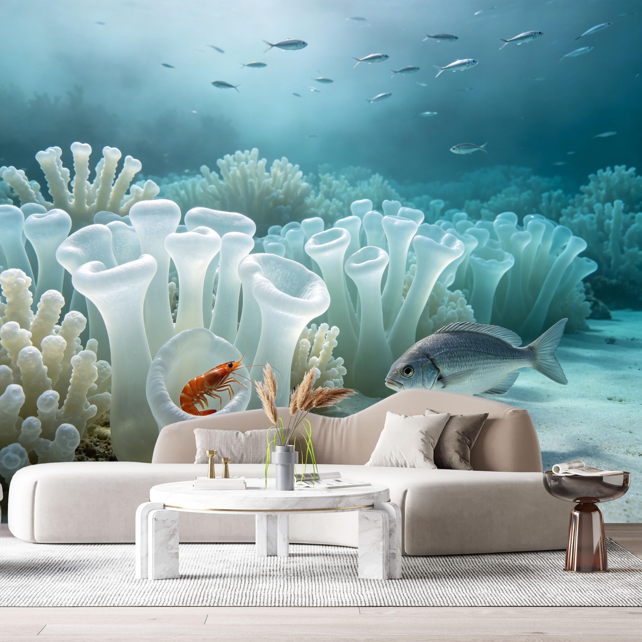 Custom Size Wall Murals Ocean Marine Tropical Coral Reef White Anemones Shrimp Fish 3D Underwater SelfAdhesiveWall Fabric Removable Wallpaper Wall Decor for Living Room Bedroom Bathroom
