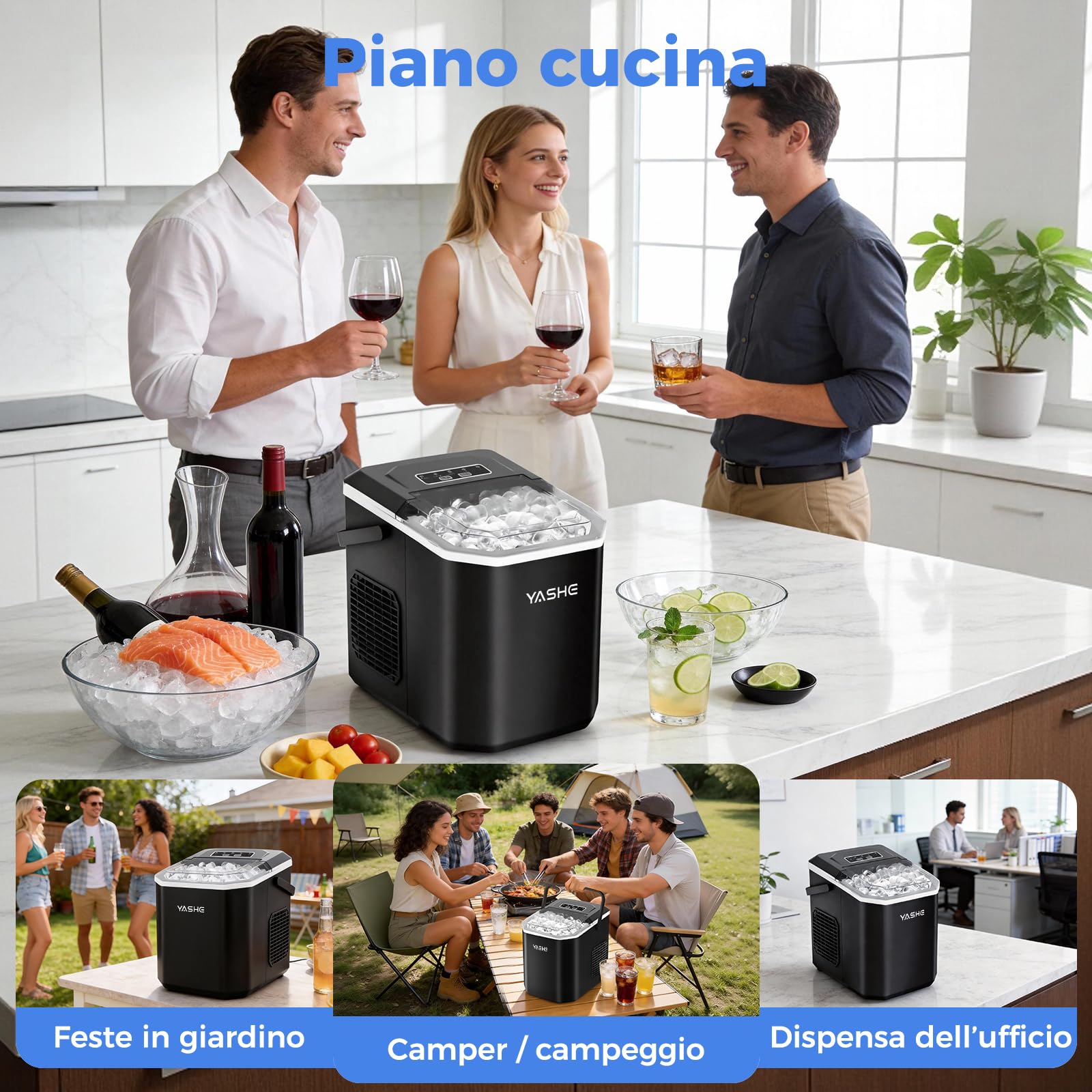 YASHE Macchina per cubetti di ghiaccio per piano di lavoro, cubetti di ghiaccio sferici in 2 misure, 9 cubetti di ghiaccio in 6 minuti, 26 libbre di ghiaccio al giorno, autopulente portatile con