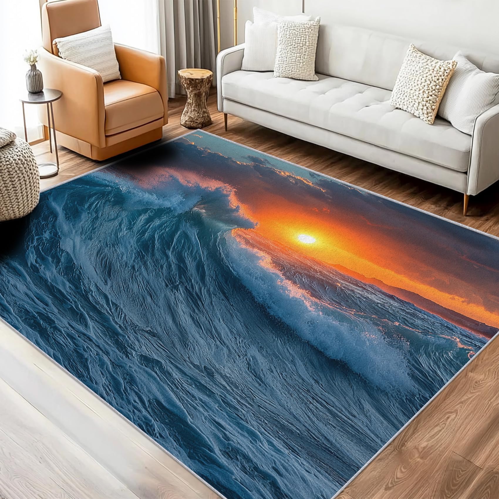 Tapis Sunset Wave lavable en peluche 90x180cm bleu et orange pour salon