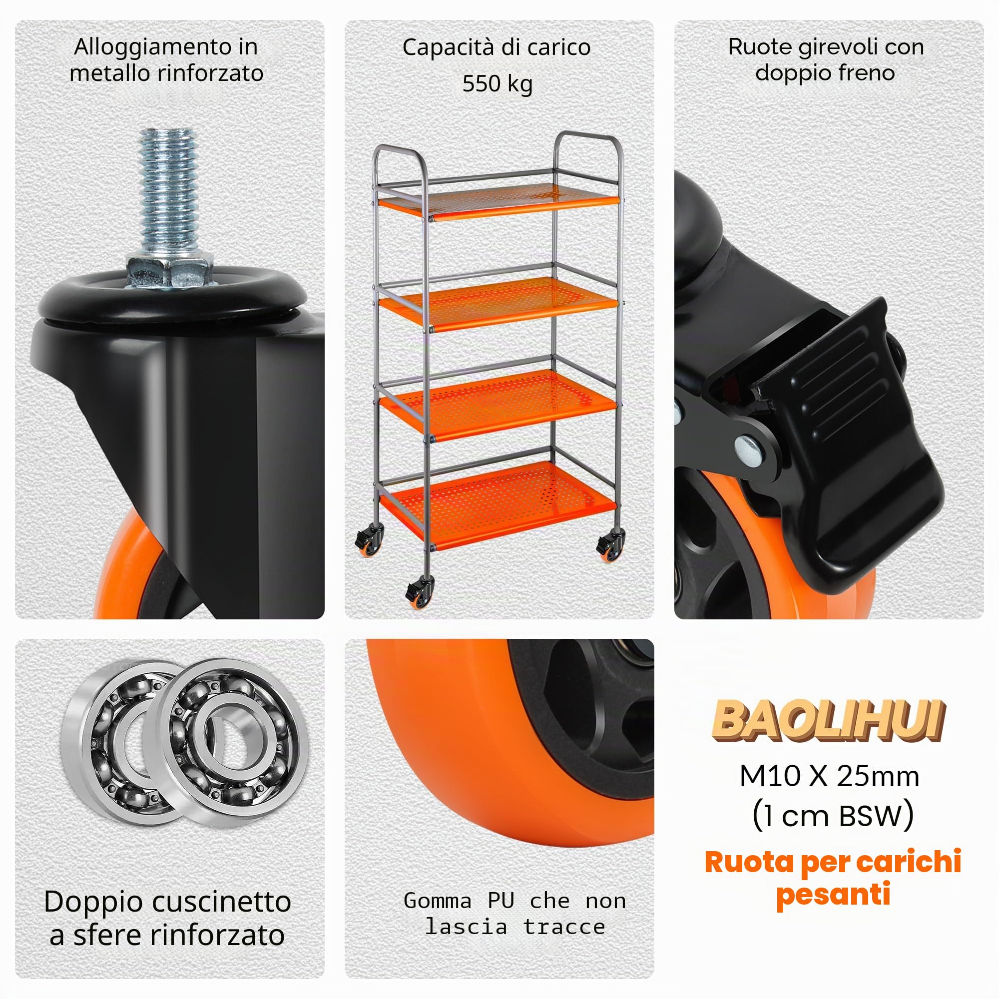 Ruote per Carrello 10mm×25mm(3/8"-16UNC) con Perno Filettato ¢100mm Ruote per Mobili Ruote per Carichi Pesanti Carico 550kg Arancione