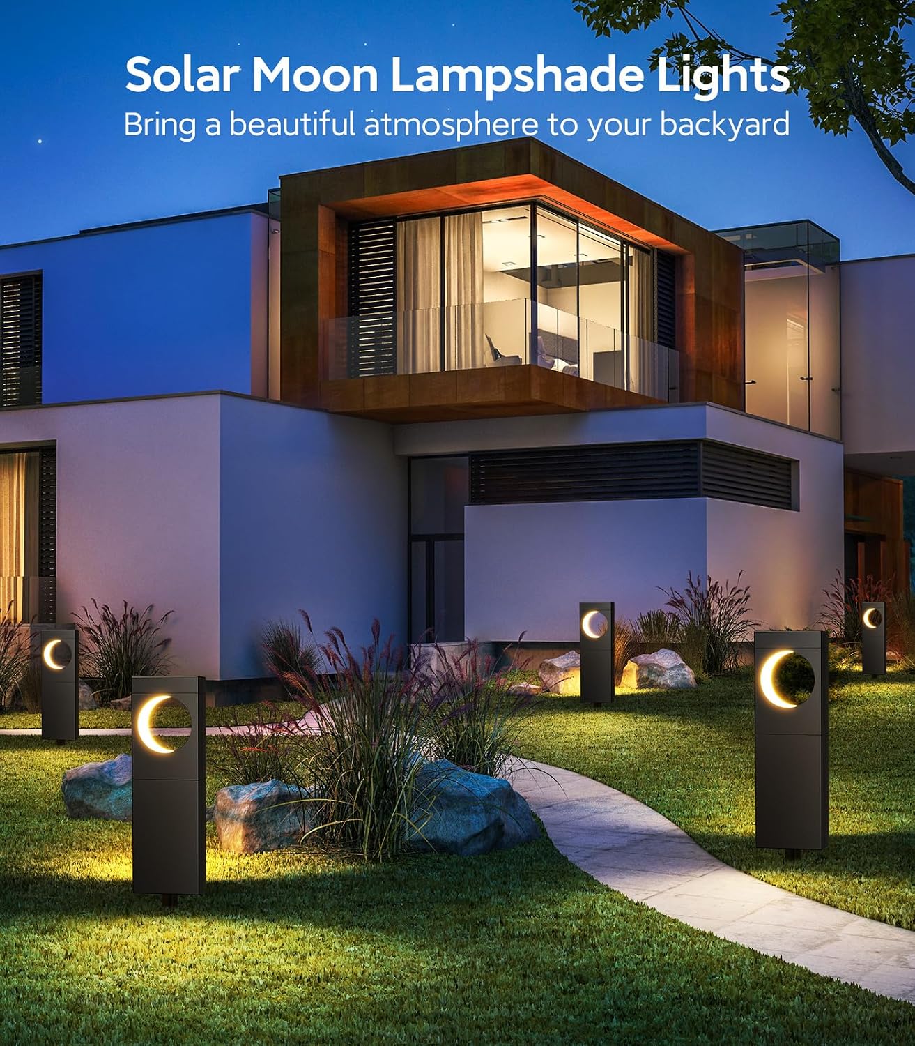 E-Kong Solar Outdoor Lights 6 Pack, Bright Solar Pathway Lights Outdoor, Achieve IP65 Waterproof, Moon Shape Landscape, Auto On/Off Solar Lights for Outside Yard Garden Path, Warm White