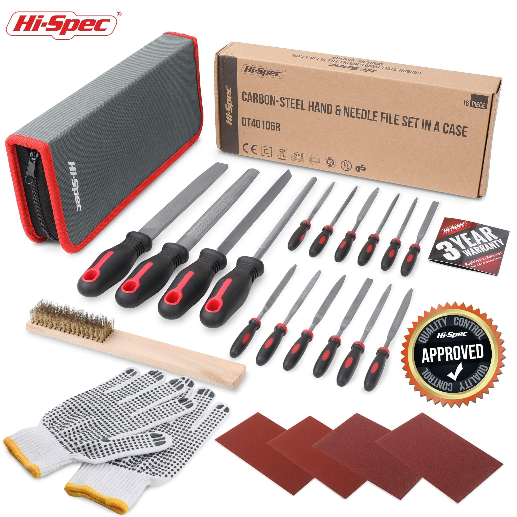 Hi-Spec Lot de 17 Limes et Râpes pour Métal et Bois, Atelier - 4 Grandes Limes, 12 Limes Aiguilles, 1 Brosse de Nettoyage - Outils de Bricolage pour Menuiserie, Ébénisterie, Céramique