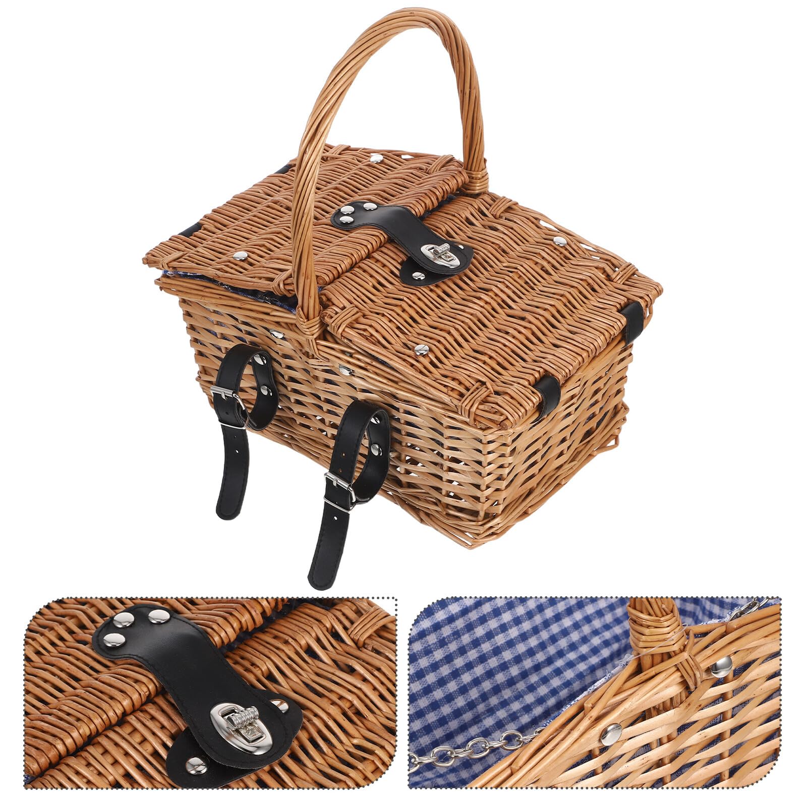 Housoutil Cestino da Picnic Intrecciato a Mano in Salice e Rattan con Doppio Coperchio e Manico Piccolo Cestino Portaoggetti e Alimenti per Picnic All’Aperto Feste in Giardino e Gite