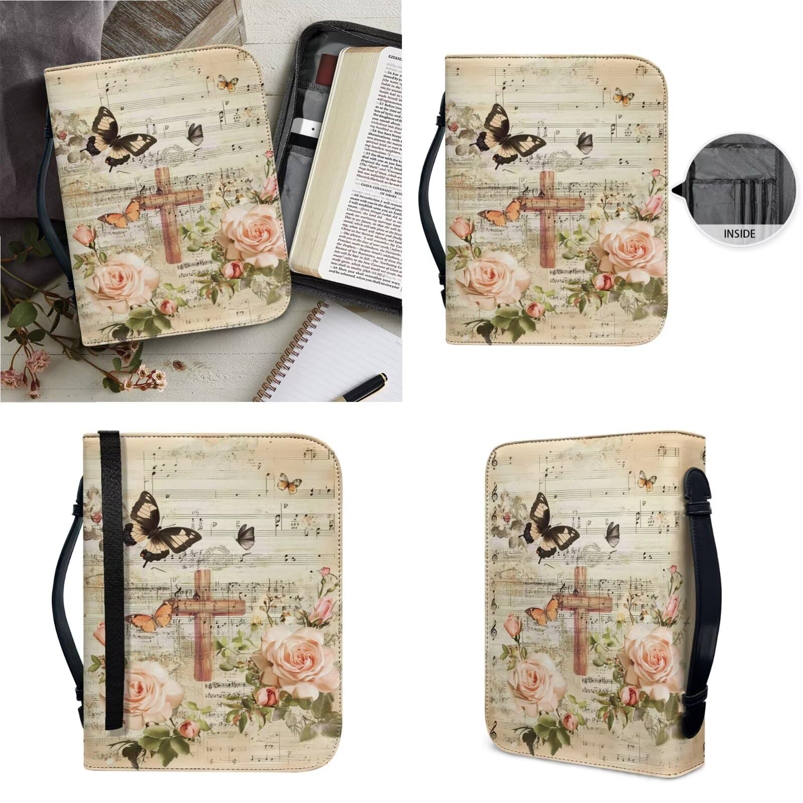 Funda de piel sintética con estampado de cruz de mariposa y rosa retro, bolsa para la Biblia con 2 marcapáginas y bolsillos con cremallera, funda de transporte para libros para estudio de