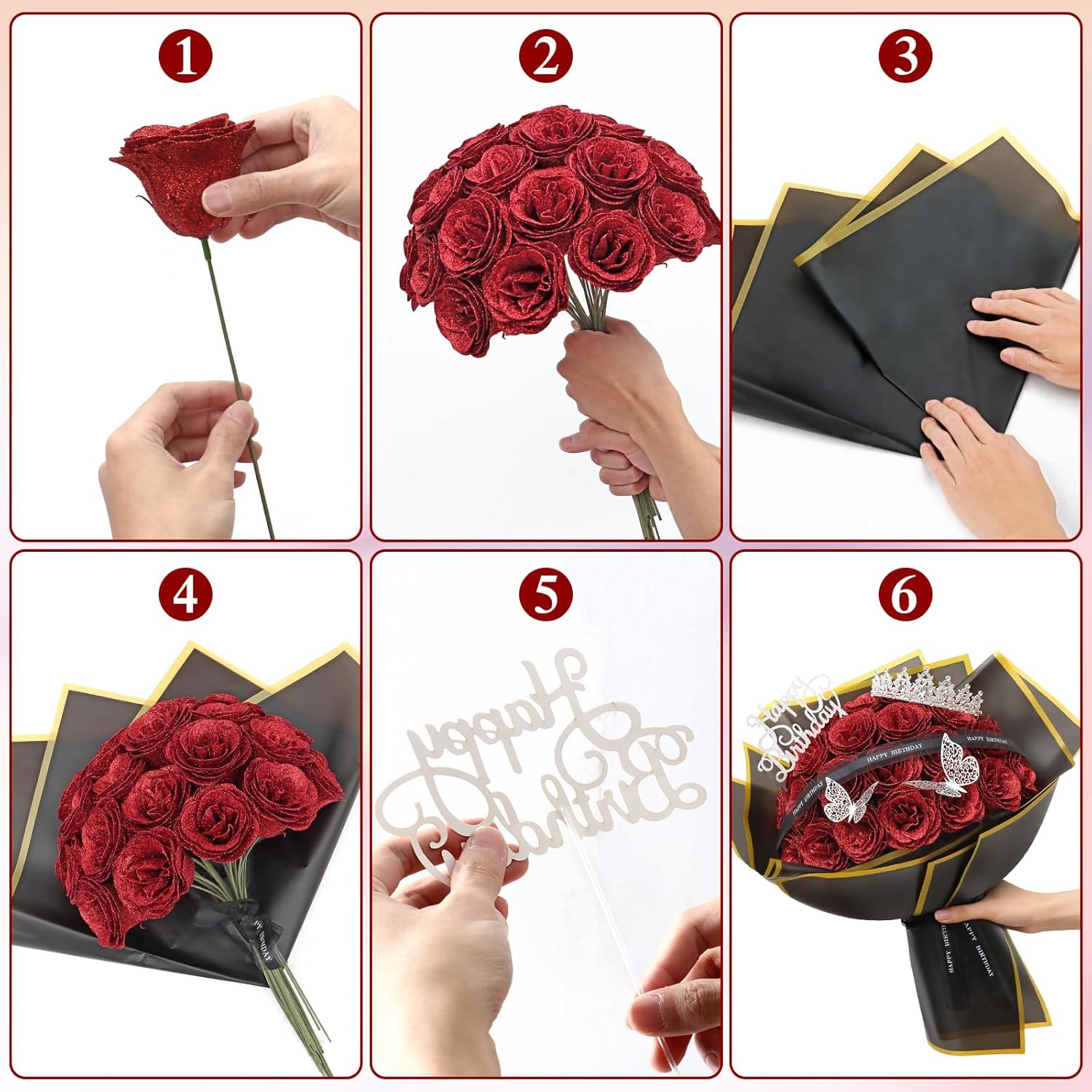 Glitter Roses Bouquet,Birthday Gifts for Women Mom,DIY Fake Flowers Bouquet with Birthday Stand-Up Signs,24 Red Rose for Grandma Wife Friends Valentines,Anniversary,Engagement,Wedding - Image 6