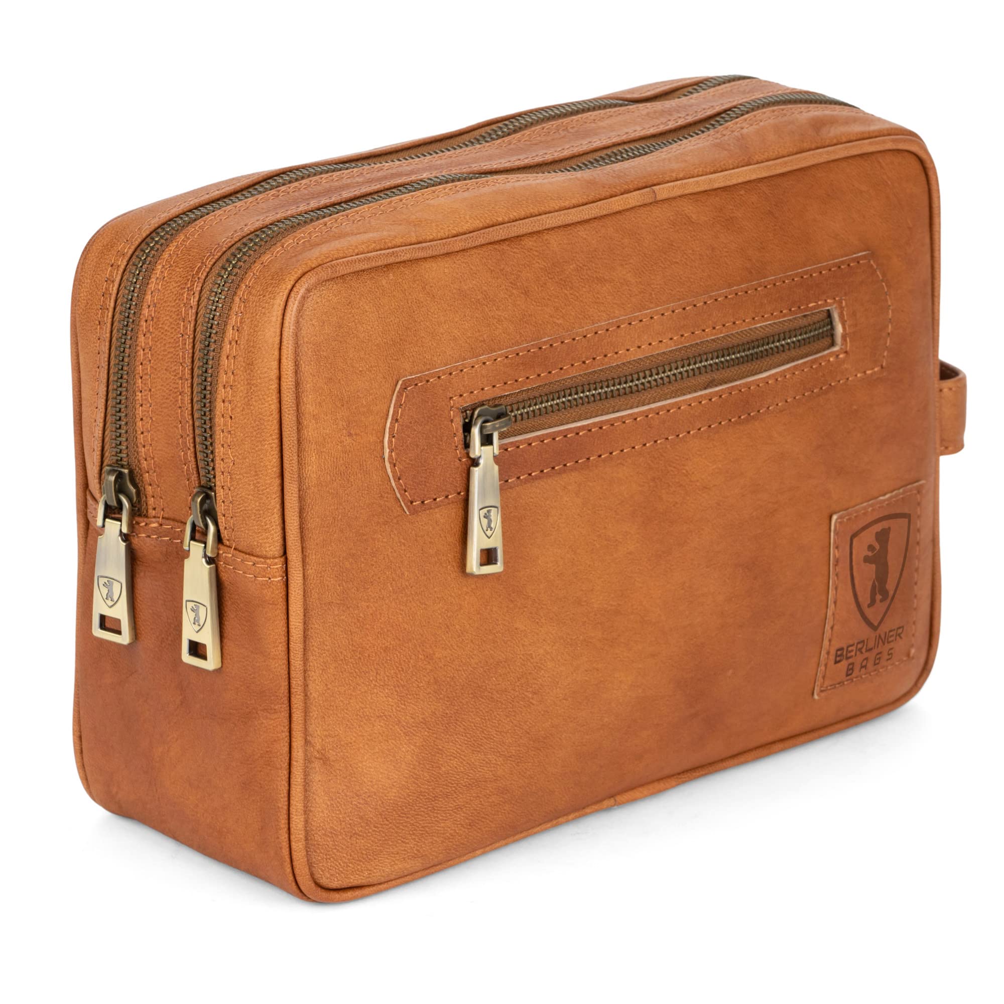 BERLINER BAGSVintage Genuine Leather Toiletry Bag Paul, Two Zippered Compartments, Large Capacity Cosmetics Bag for Men and Women for Travel - Brown (2 Compartments)