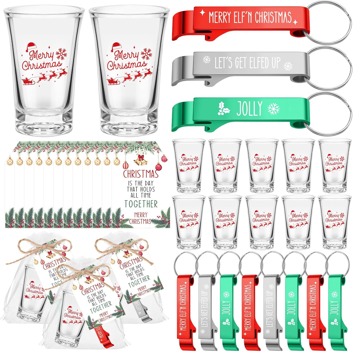 Roshtia 18 Sets Christmas Party Favors 1.2 oz Merry Christmas Acrylic Shot Glasses 3 Styles Bottle Opener Keychain with Greeting Card and Organza Bag Xmas Supplies for Guests Souvenirs(Acrylic)