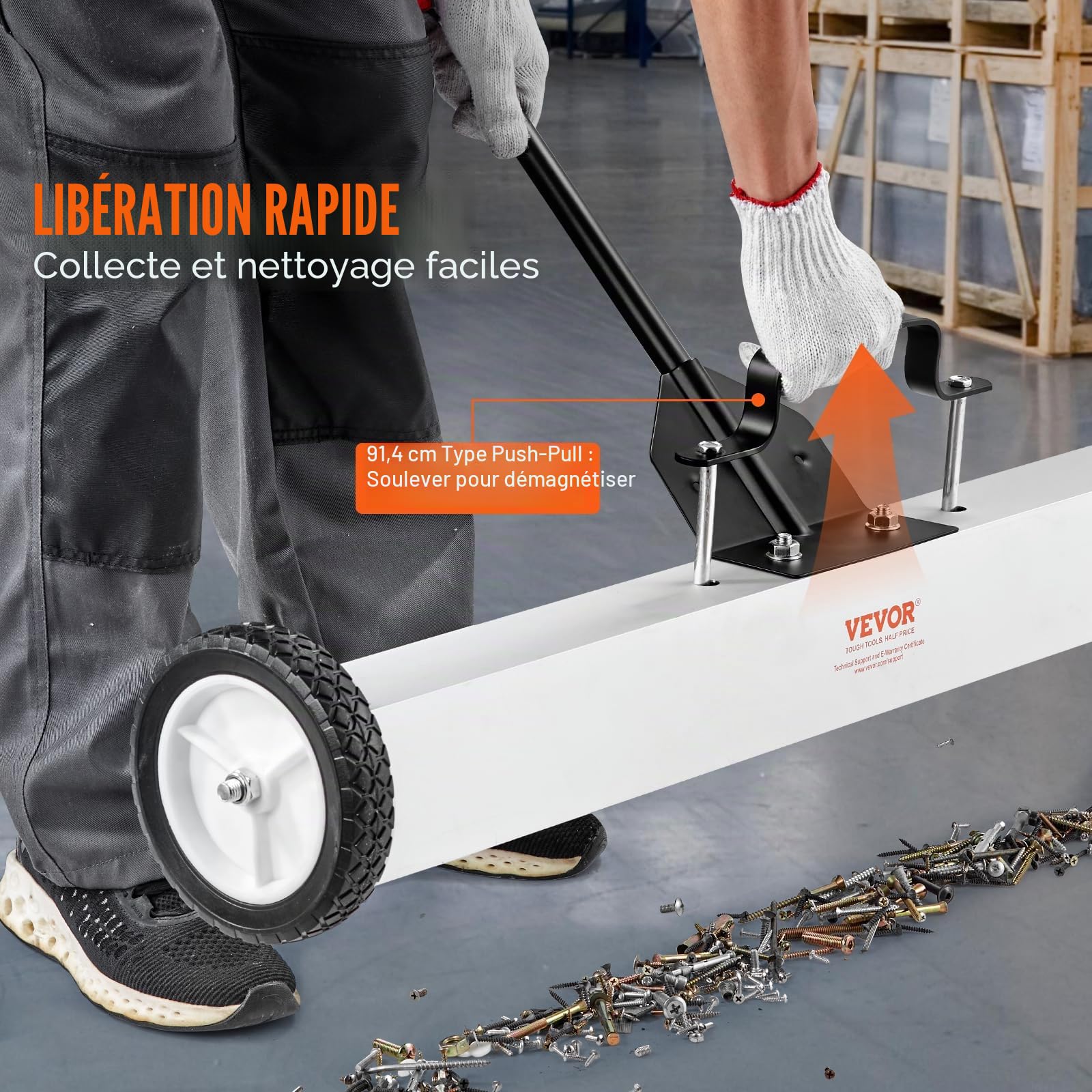 VEVOR Balayeuse Magnétique 91 cm 24,9 kg avec Roues Manche Télescopique Poignée Réglable
